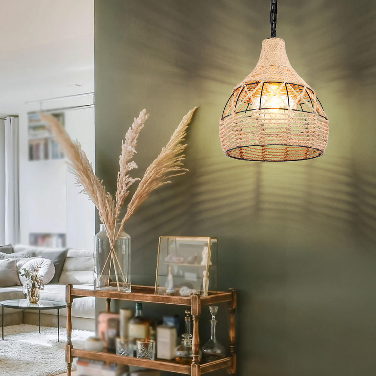 HÄNGELEUCHTE Hanfseil Braun Gitteroptik - Braun, Metall (30/30/135cm) - Globo Lighting