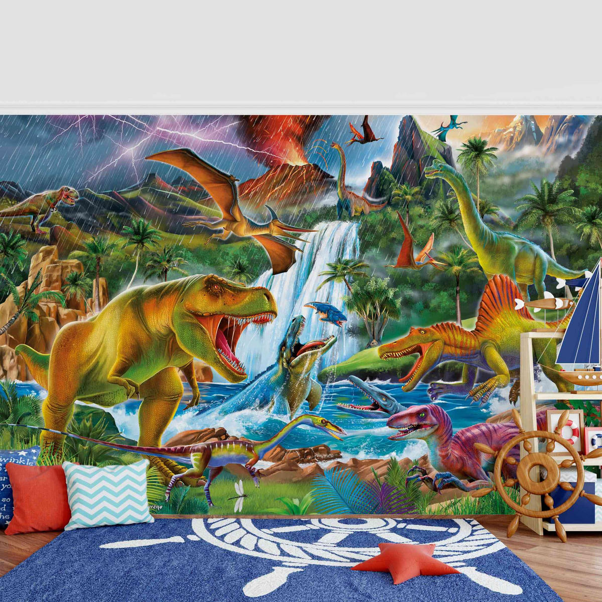 FOTOTAPETE Dinosaurier im Urzeitgewitter 432/290 cm - Multicolor, Papier (432/290cm) - Bilderwelten