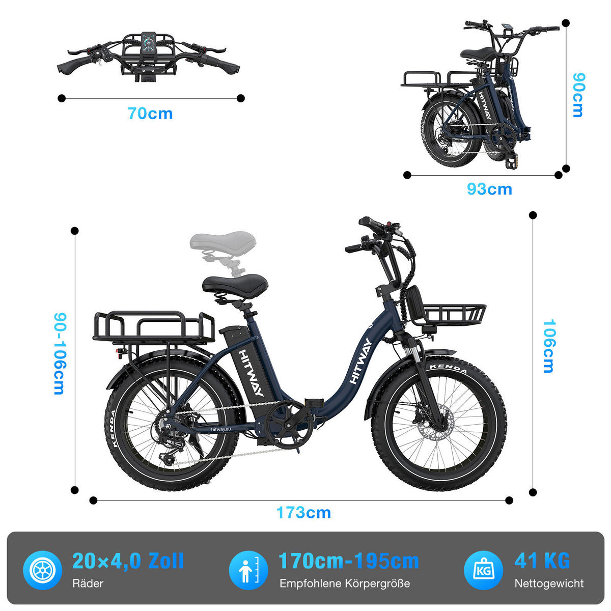 E-BIKE BK6S PLUS-R 1296 Wh Akku Reichweite bis 160 km - Blau, Metall (79cm) - HITWAY
