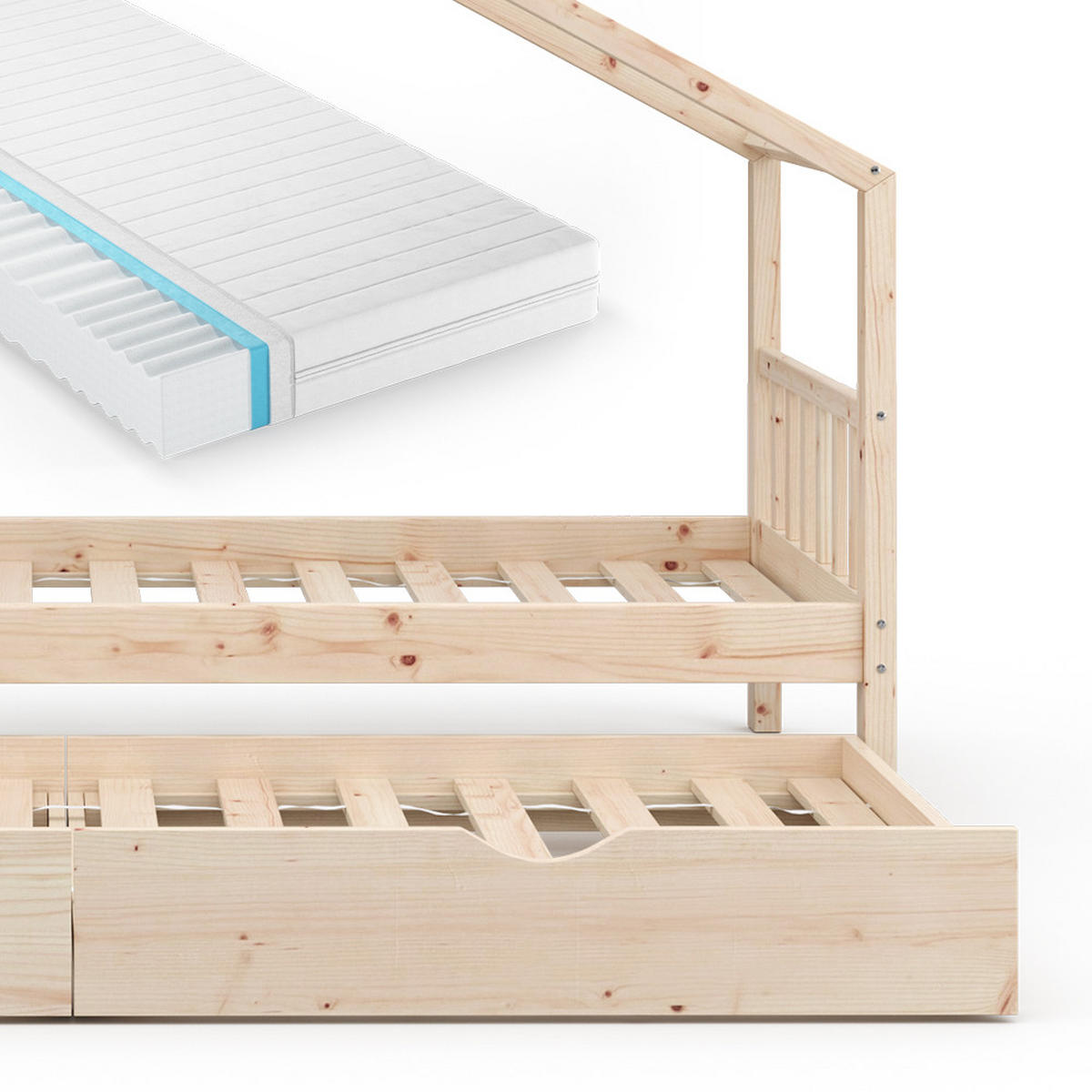 HAUSBETT Design Naturholz 90x200 cm mit Gästebett und Matratze - Naturfarben, Holz (90/200cm) - VitaliSpa