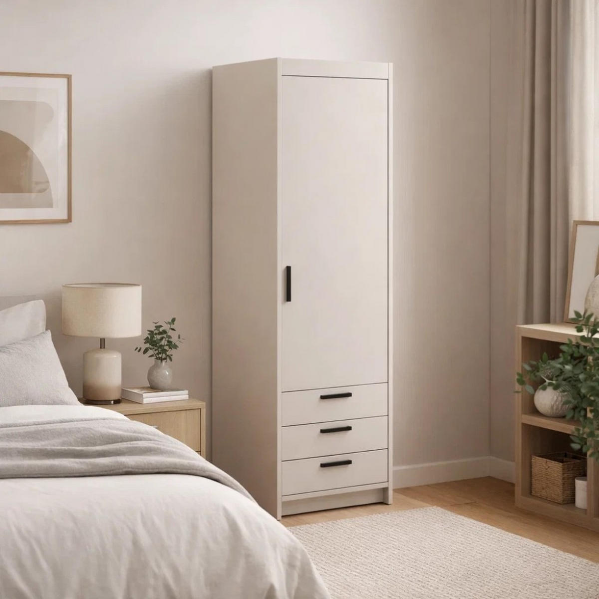 DREHTÜRENSCHRANK Elena mit 1 Tür und 3 Schubladen, Sandbeige - Sandfarben, Holzwerkstoff (60/190/53cm) - Beautysofa