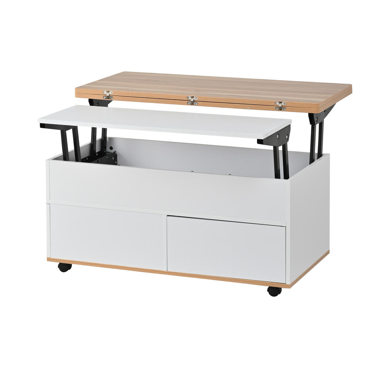 COUCHTISCH DE-37100 höhenverstellbar mit Stauraum und Rollen Weiß/Natur - Weiß, Holzwerkstoff (100/98/65cm) - ComfortXL