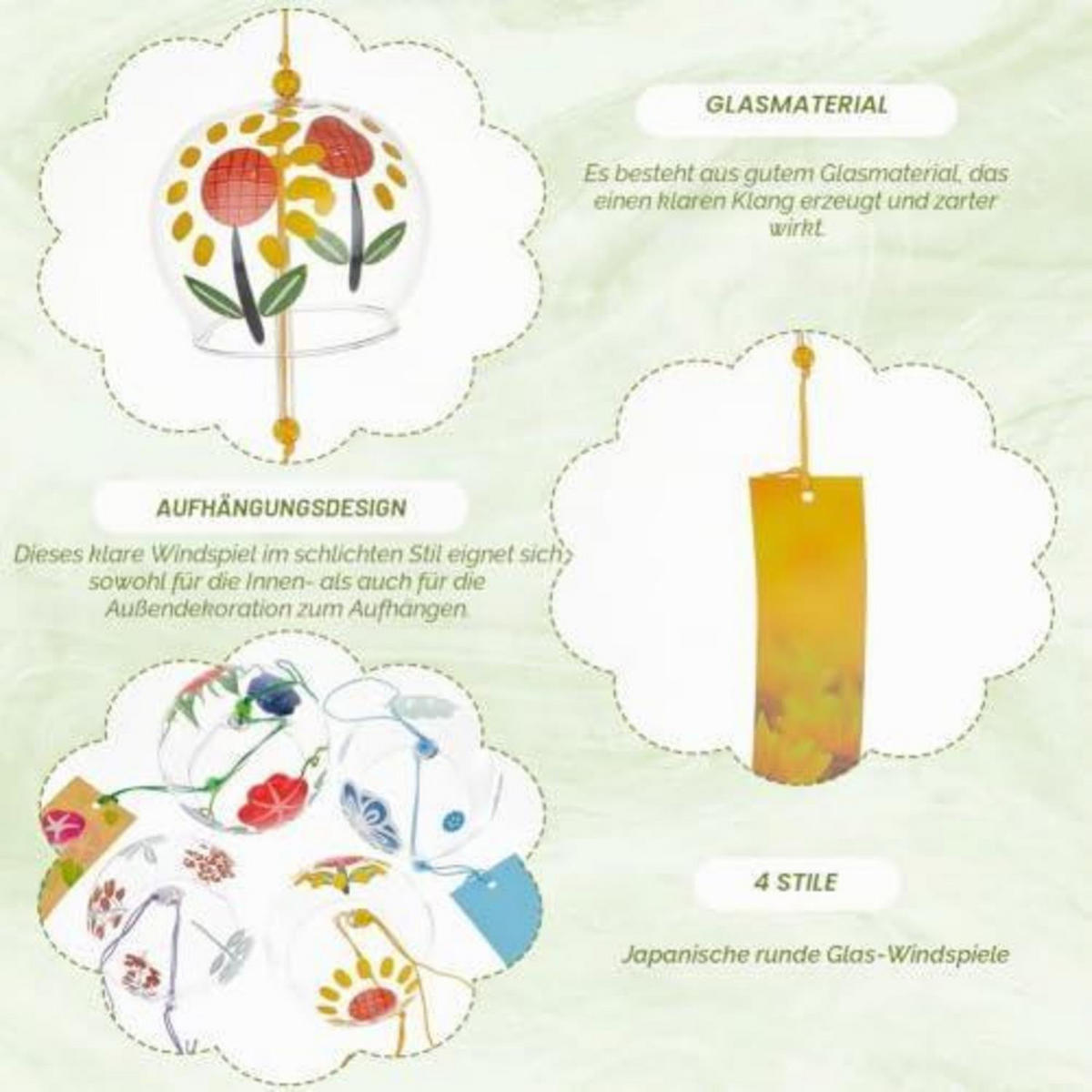 WINDSPIEL 4-teiliges Set Glas Blumenmuster Himmelblau Mauve Bunt Gelb - Multicolor, Glas (22.8/18.4/9.5cm)