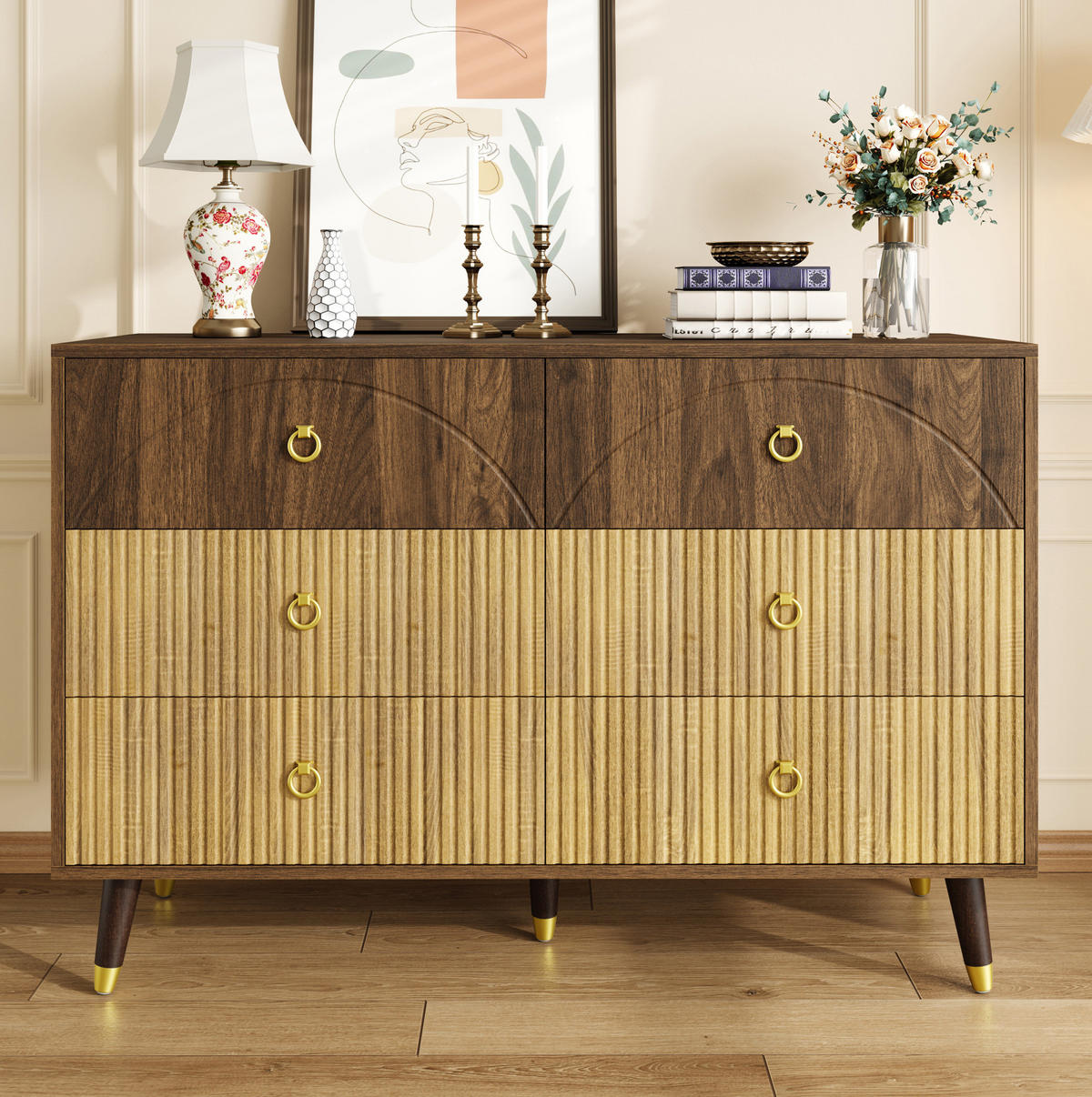 KOMODA z MDF a dřevotřísky 120x40x81 cm přírodní se 6 zásuvkami v retro stylu - přírodní, kompozitní dřevo (120/81/40cm) - Modfu