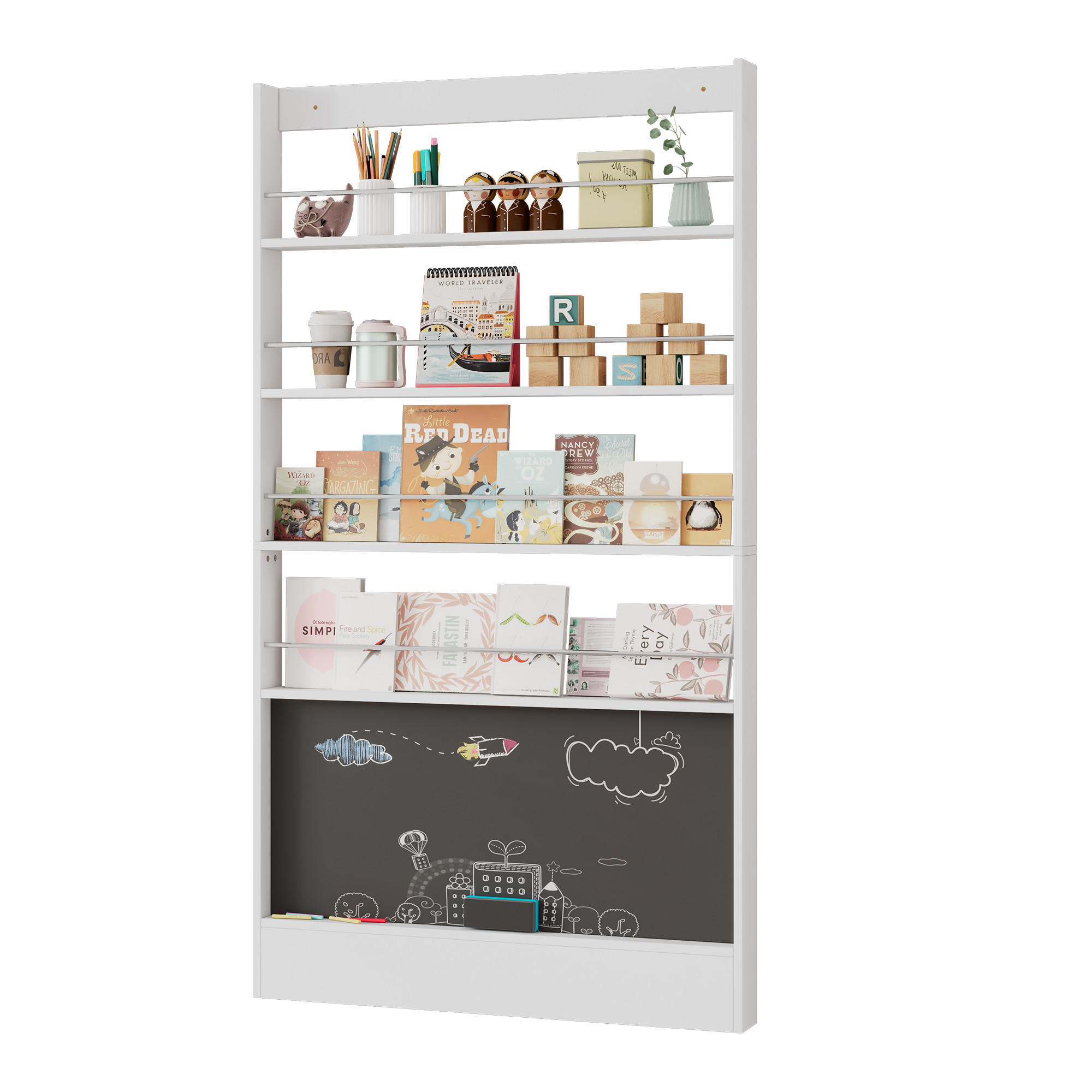 BÜCHERREGAL Weiß mit Kreide-Schwarzbord 100×10×180 cm aus MDF & Metall - Weiß, Holzwerkstoff (100/180/10cm) - Luhomfu
