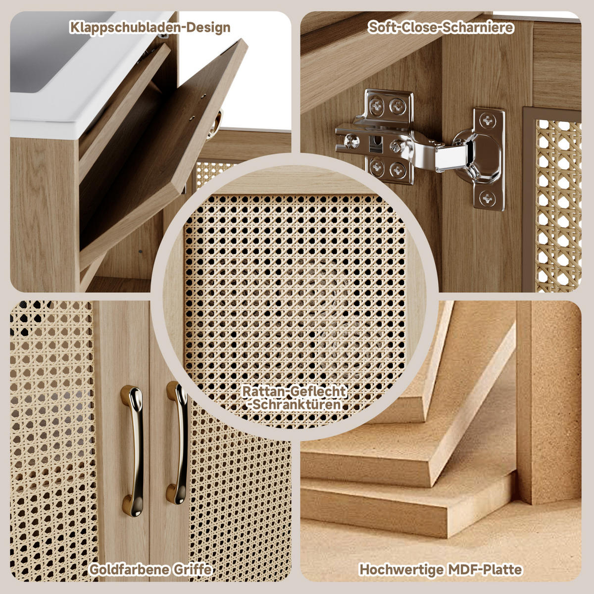 WASCHTISCHKOMBI,WASCHBECKENUNTERSCHRANK mit Keramikbecken Rattan Optik 76/46 cm - Naturfarben, Holz/Metall (87/88/46cm) - PARAFTA HOME