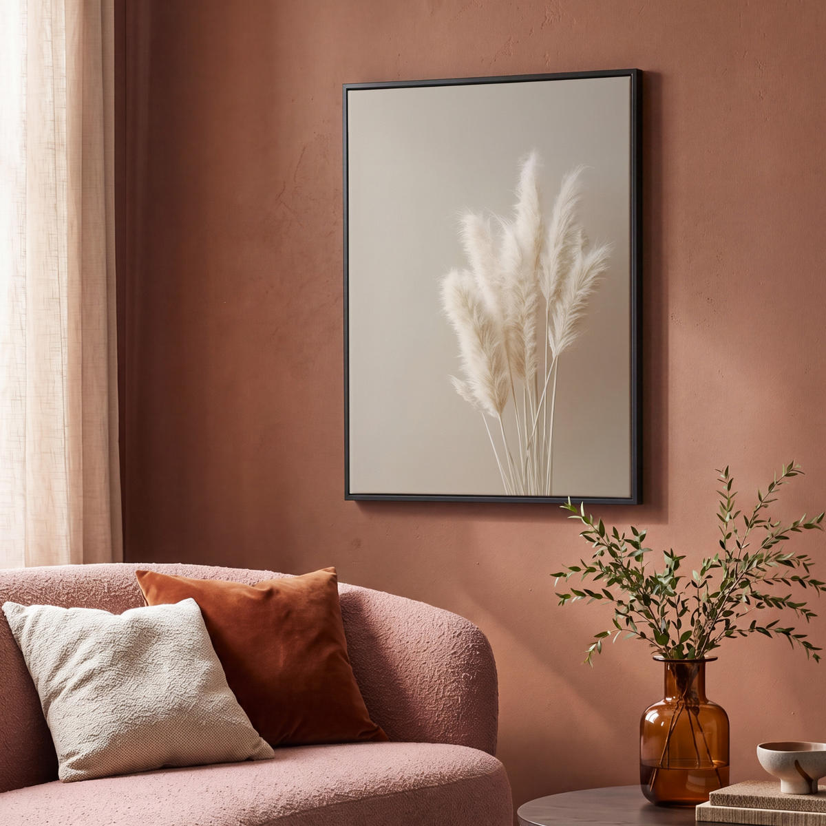 LEINWAND Bilder mit Rahmen - Pampasgras - Federn - Pastell - Weiß - 70x100 - Naturfarben, Textil (70/100cm) - MuchoWow