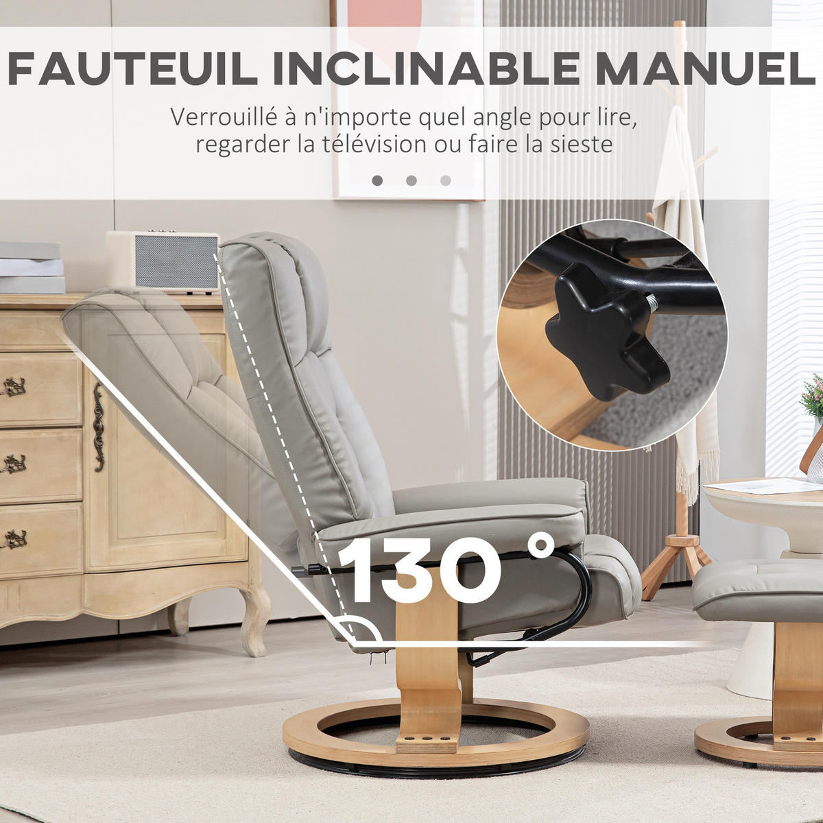 RELAXSESSEL DE-17373 130° neigbar, 360° drehbar mit Fußstütze Grau - Grau, Holz (85/104/76cm) - ComfortXL