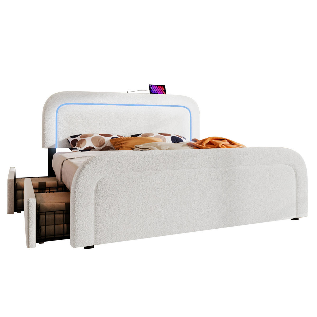 ČALOUNĚNÁ postel 160/200 cm s matrací, USB a USB-C, LED osvětlením, 4 zásuvkami a sherpa potahem, Bílá - bílá, textil (160/200cm) - Redom