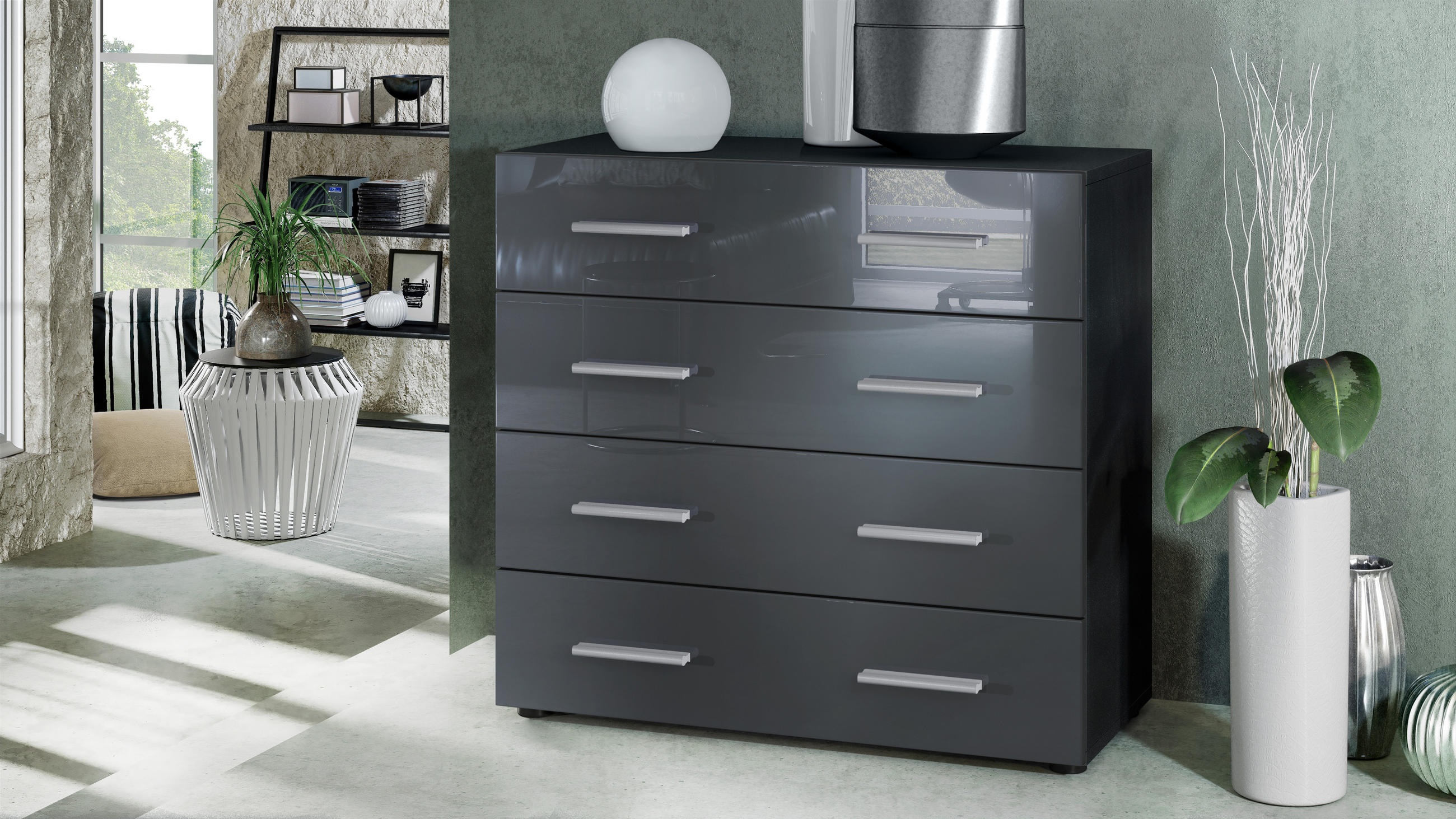 KOMMODE Pavos Grau Hochglanz - Grau, Holzwerkstoff (76/72/35cm) - Vladon