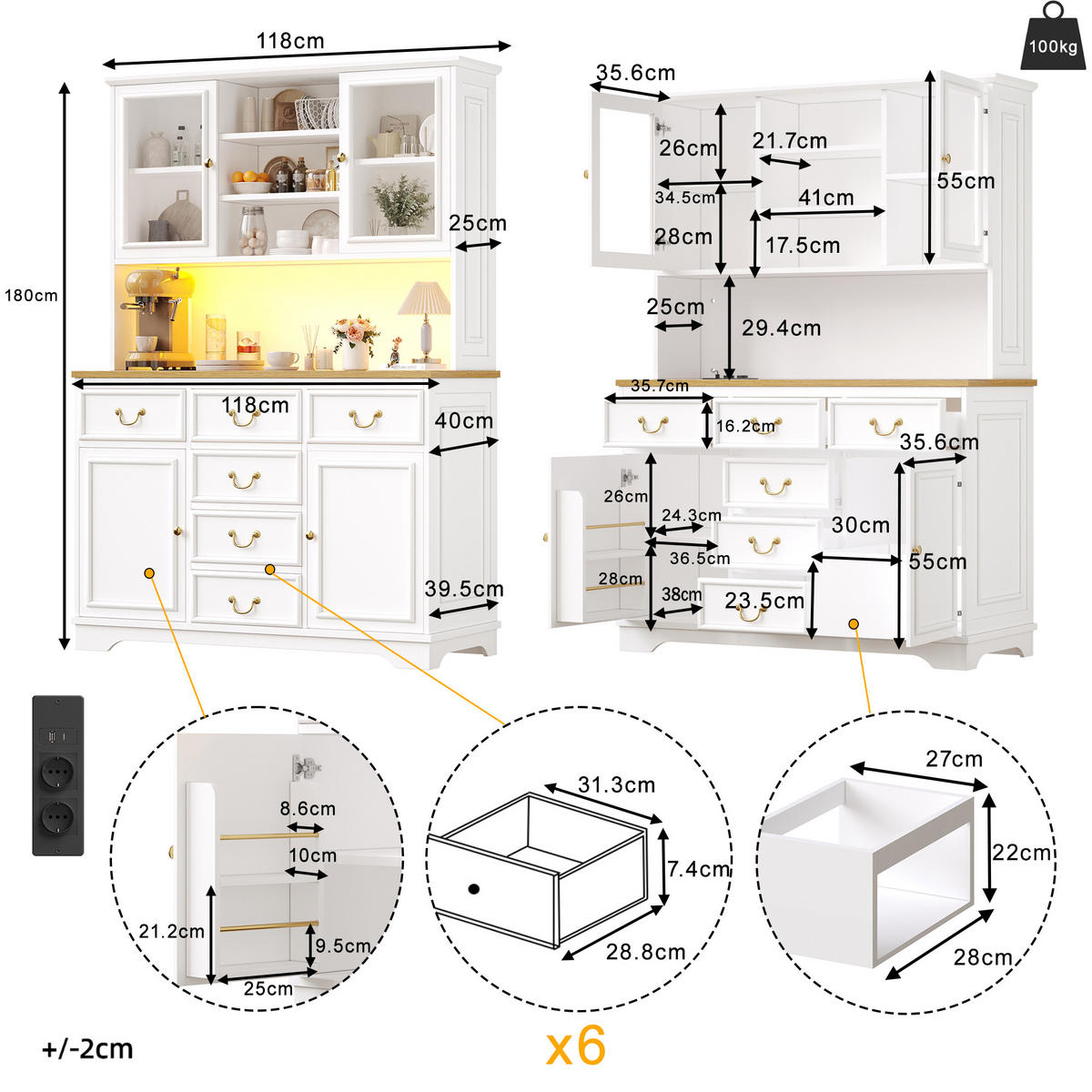 HIGHBOARD in Weiß Küchenschrank mit LED-Lichtleiste und Schubladen für Küche und Wohnzimmer, B118/T39.5/H180 cm - Weiß, Glas/Holzwerkstoff (118/180/39.5cm) - STILVORA