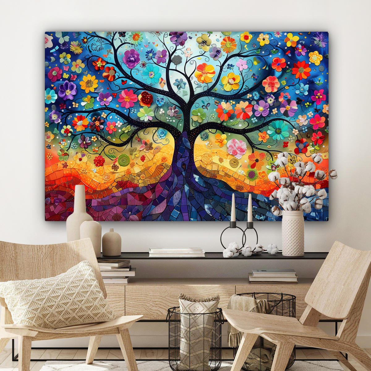 LEINWANDBILD Kunst - Baum des Lebens - Blumen - Hippie Wohnzimmer 120x80 cm - Dunkelblau, Textil (120/80cm) - MuchoWow