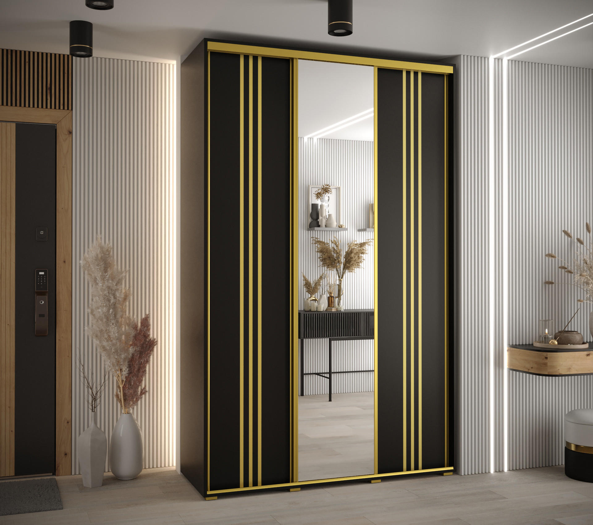 SCHWEBETÜRENSCHRANK 235,2/160/60 3-türig - Goldfarben/Schwarz, Holz/Metall (160/235/60cm) - Abiks Möbel