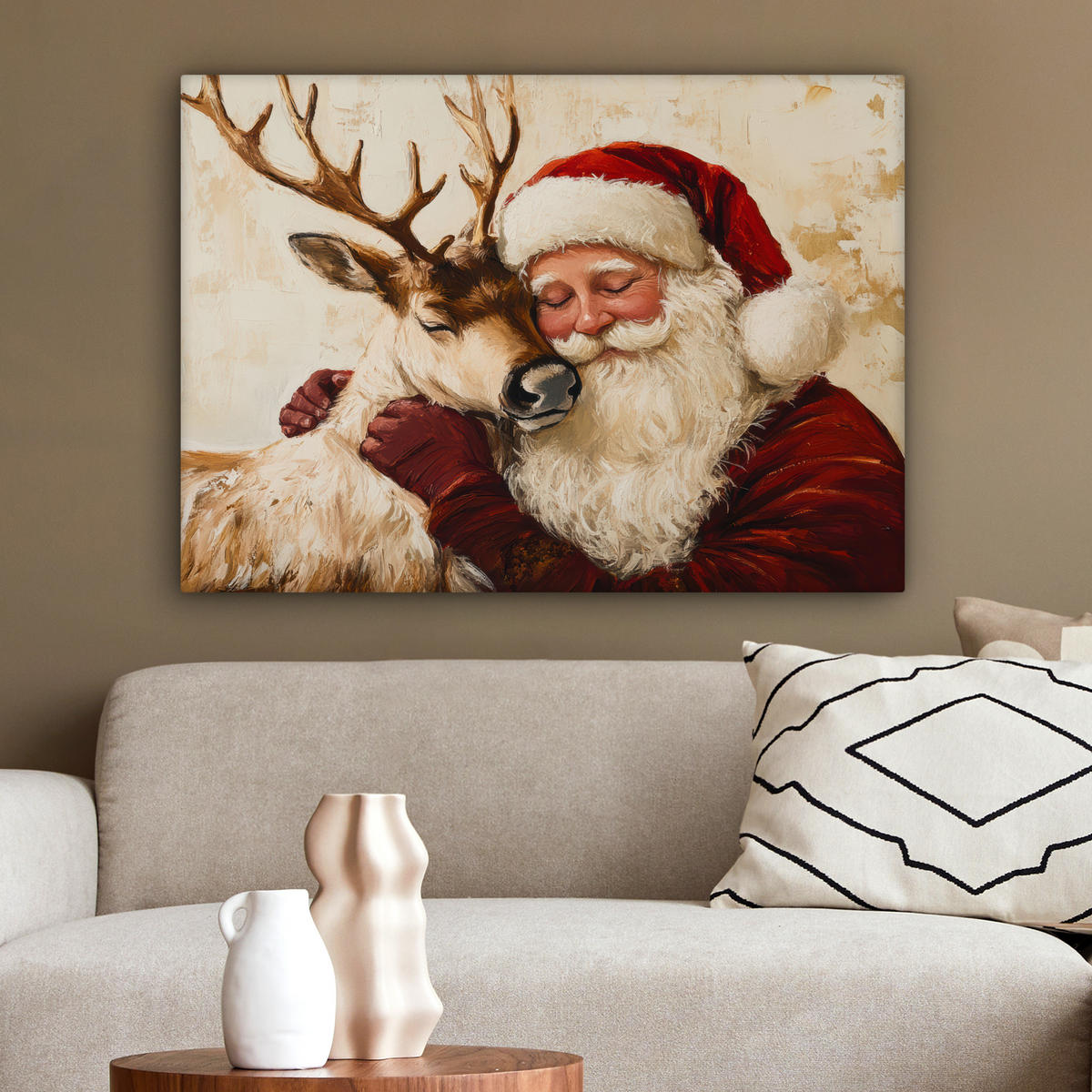 LEINWANDBILD Weihnachtsmann - Rentier - Weihnachten Wandbilder 80x60 cm - Rotbraun, Textil (80/60cm) - MuchoWow