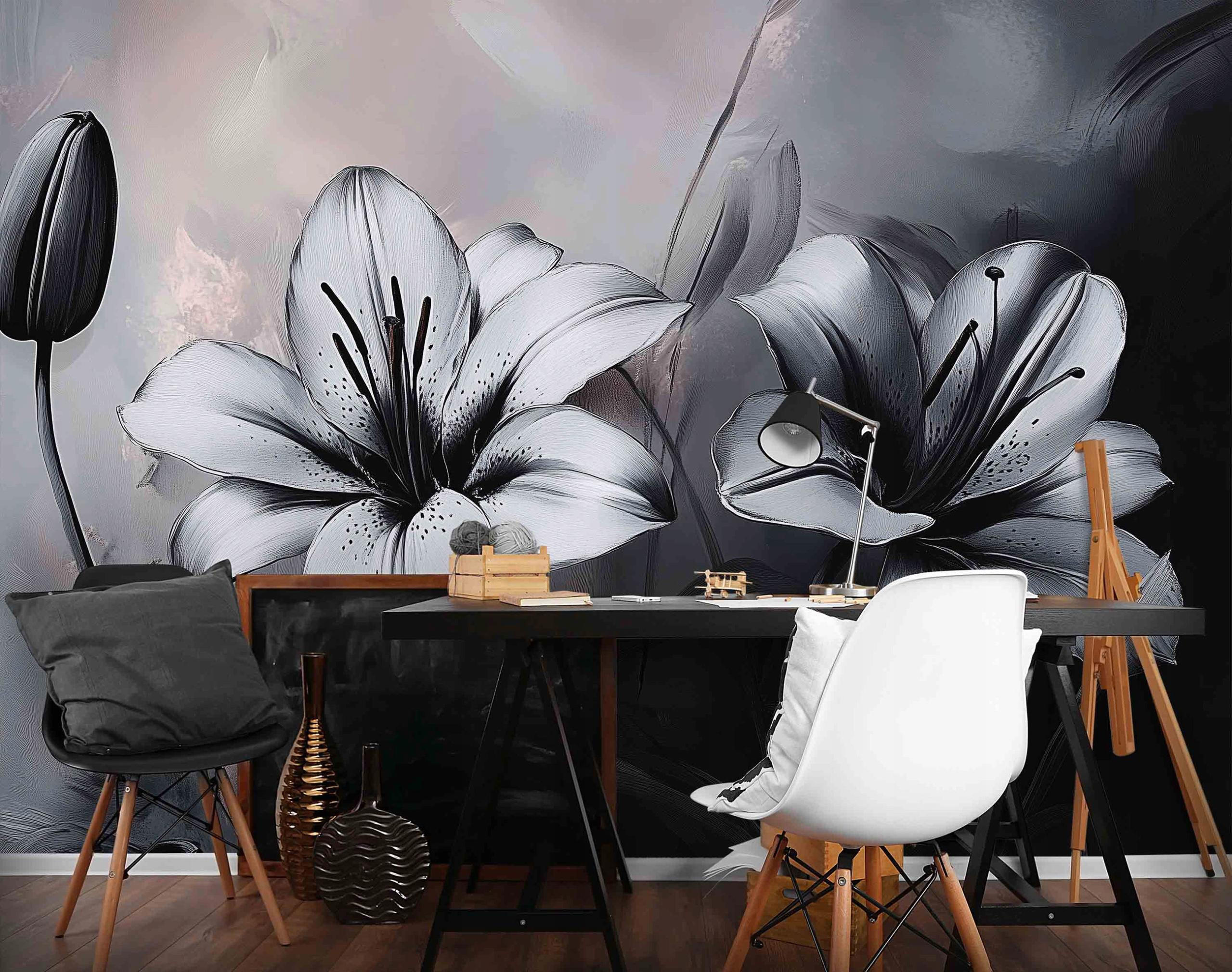 FOTOTAPETE 3D Effekt Blumen Schwarz Weiß 200x140 - Multicolor, Papier (200/140cm) - Wallarena