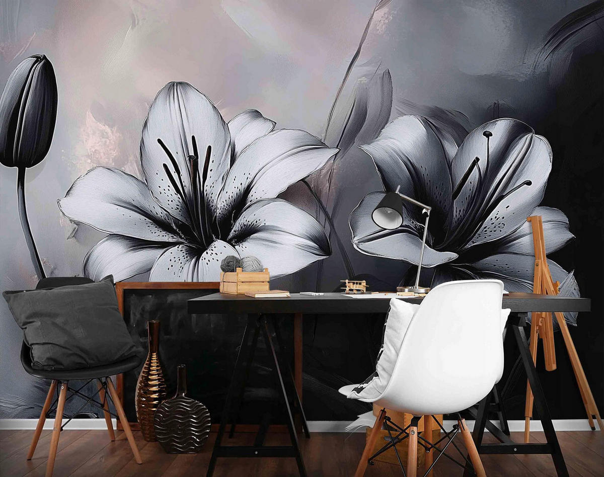 FOTOTAPETE 3D Effekt Blumen Schwarz Weiß 200x140 - Multicolor, Papier (200/140cm) - Wallarena