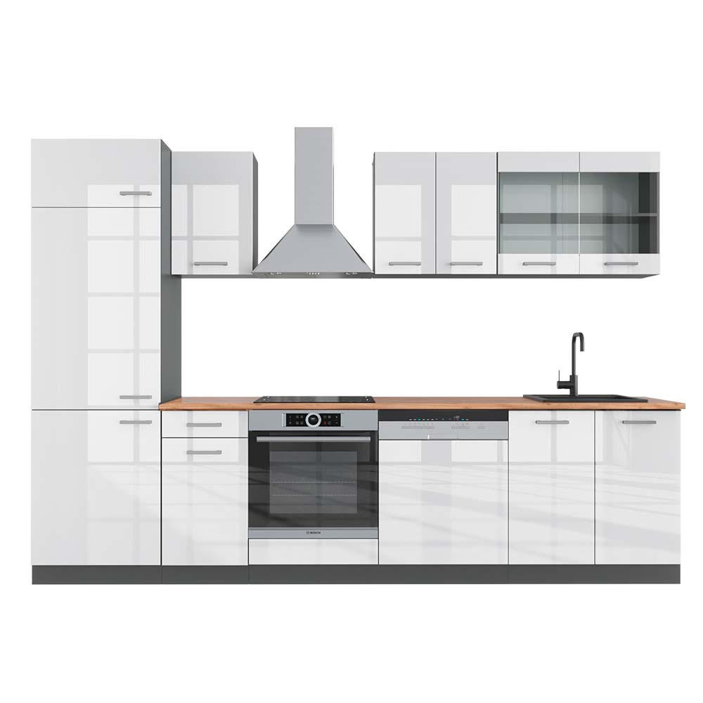 KÜCHENZEILE R-Line Weiß Hochglanz/Anthrazit 300 cm, AP Eiche - Weiß Hochglanz/Anthrazit, Holzwerkstoff (300/81.6/60cm) - Vicco