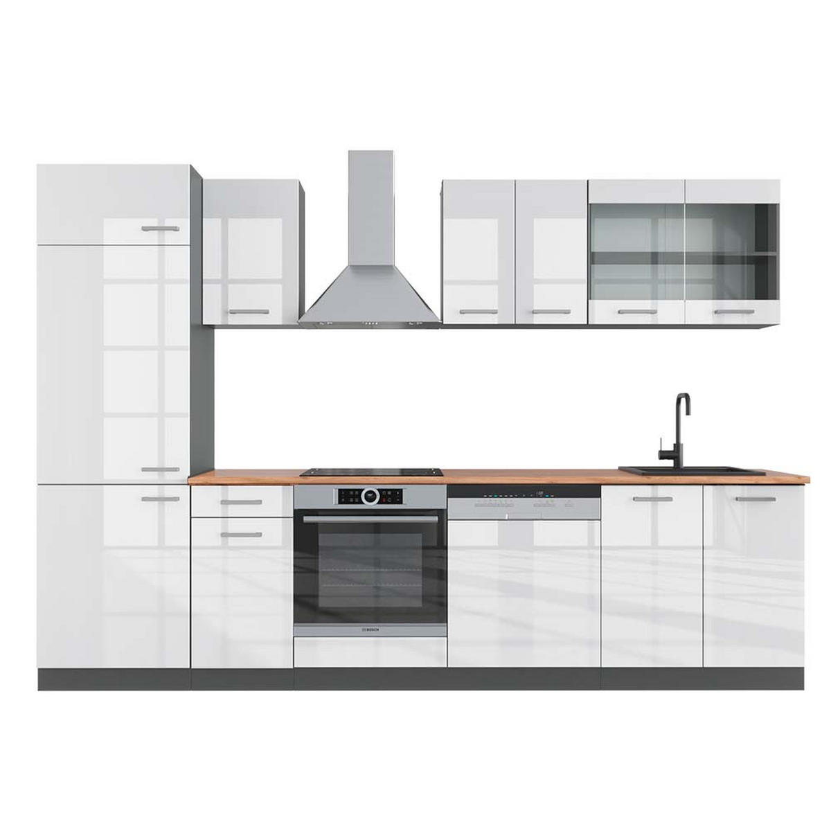 KÜCHENZEILE R-Line Weiß Hochglanz/Anthrazit 300 cm, AP Eiche - Weiß Hochglanz/Anthrazit, Holzwerkstoff (300/81.6/60cm) - Vicco