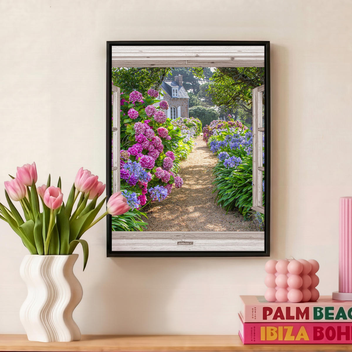 LEINWAND Bilder mit Rahmen - Hortensie - Durchsichtig - Blumen - Sommer - Lila - Weg - 30x40 - Lila, Textil (30/40cm) - MuchoWow