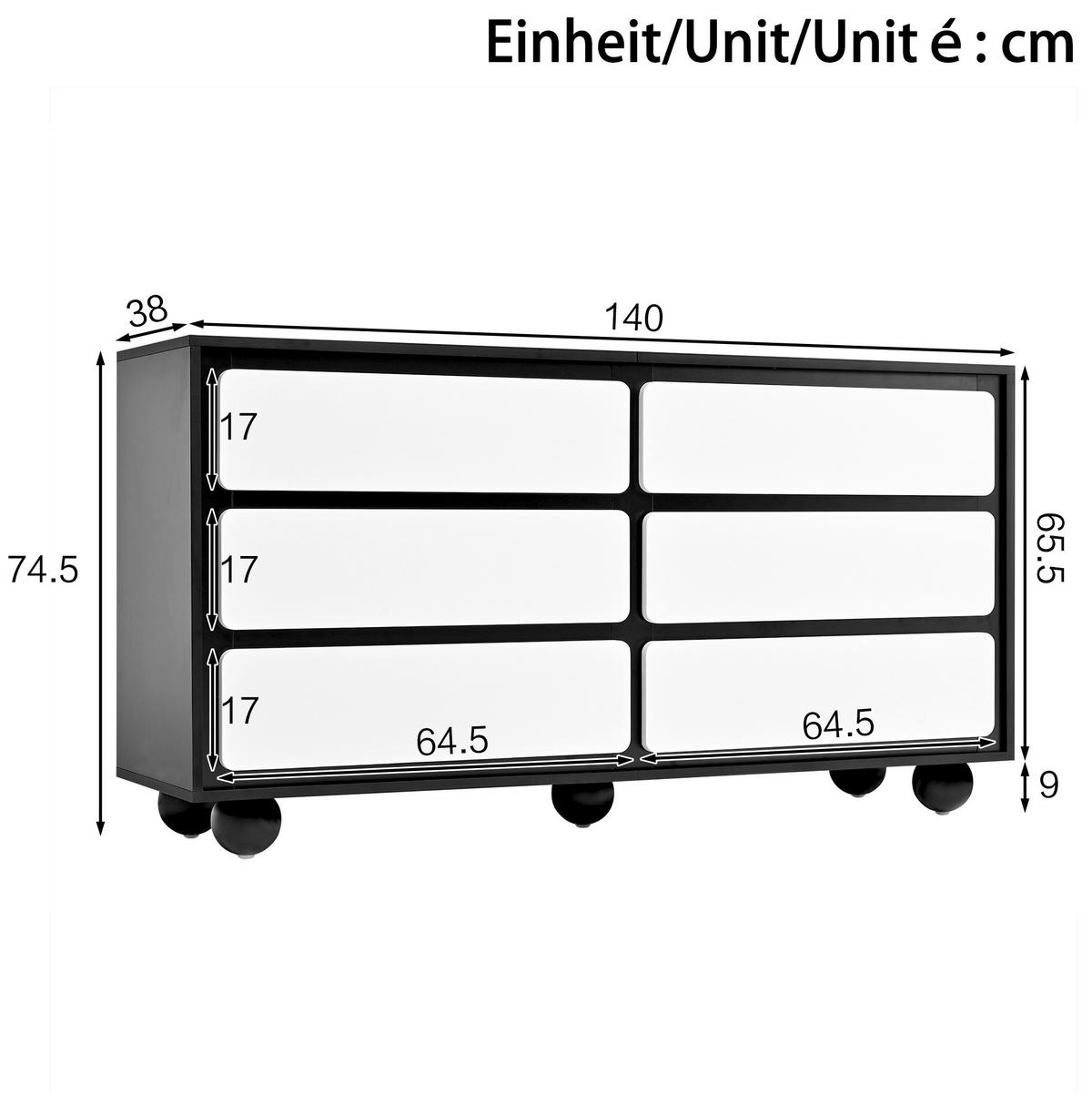 SIDEBOARD 140/38/74,5 cm weiß/schwarz aus Spanplatte mit 6 Schubladen - Weiß, Holzwerkstoff (140/74.5/38cm) - OKWISH