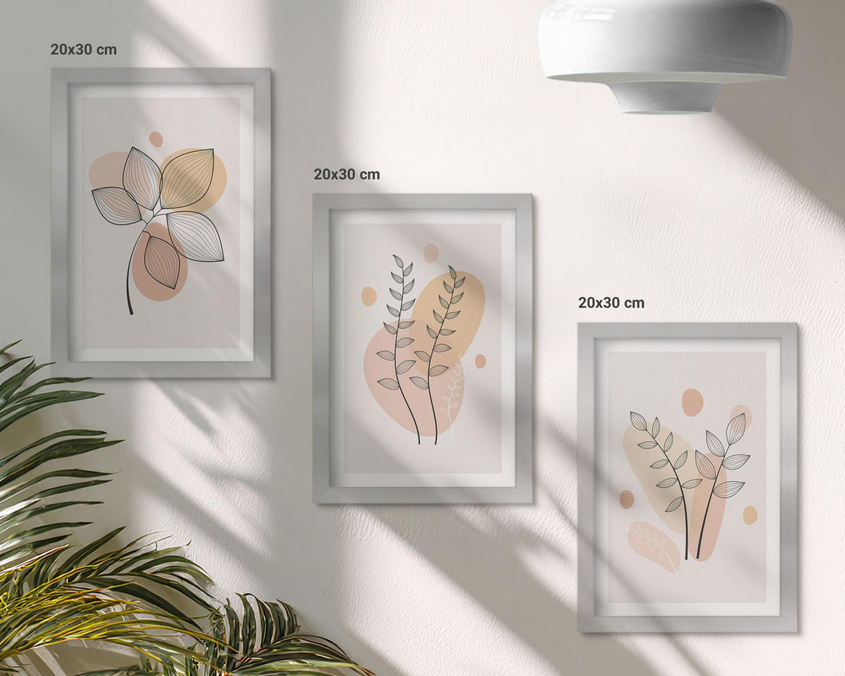 BILDER SET 3er Set - 20x30 cm Silberner Rahmen - Pastellfarbene Pflanzenzeichnungen - Silberfarben, Kunststoff (20/30cm) - TULUP