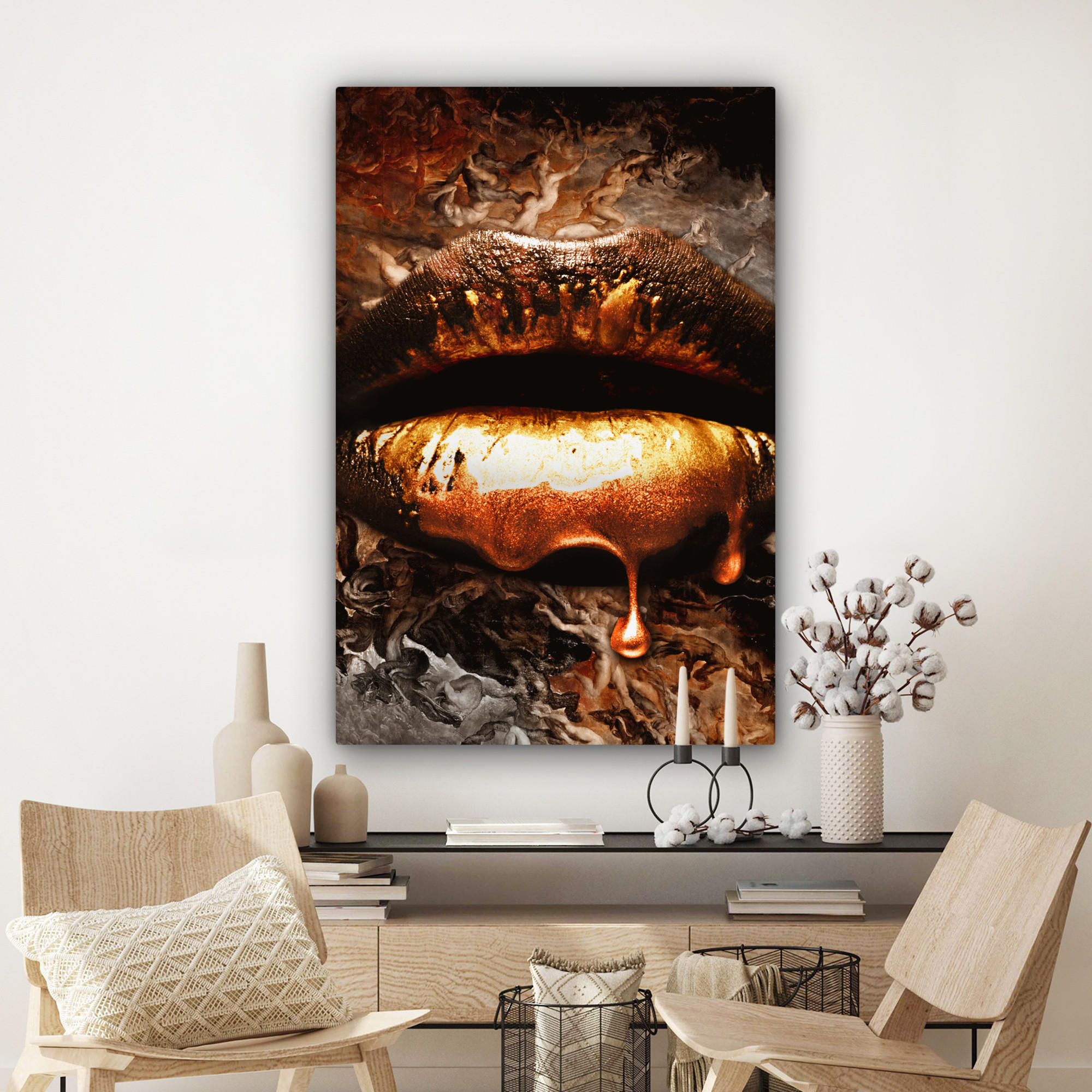 LEINWANDBILD Gold - Lippen - Kunst - Gold - Luxus - Abstrakt 80x120 cm - Kupferfarben, Textil (80/120cm) - MuchoWow