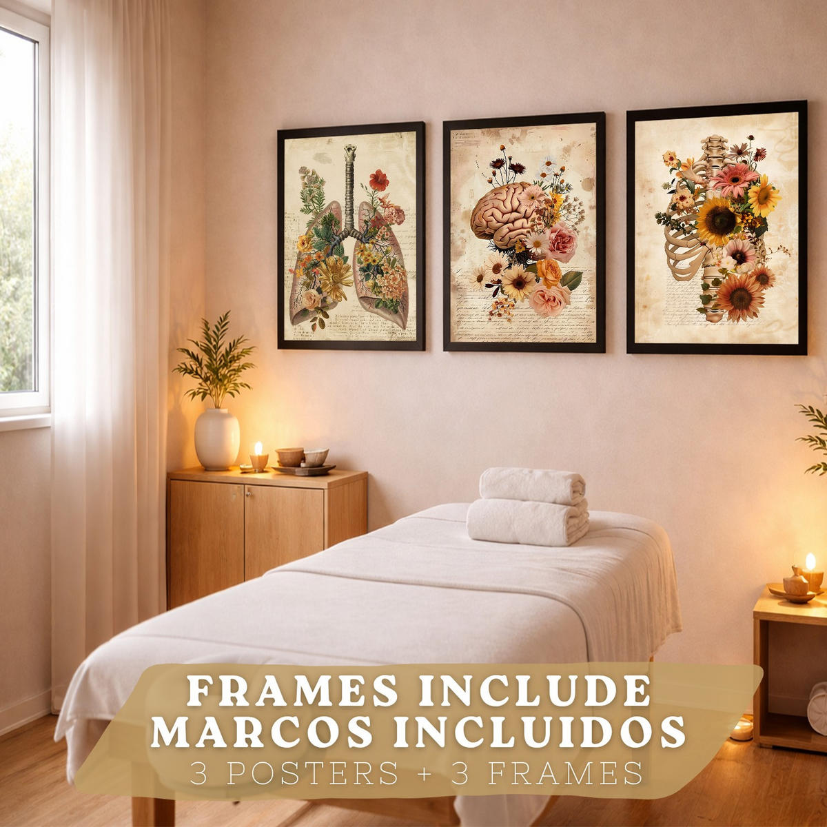 POSTER Set aus 3 Anatomie Mensch Florale Drucke und Wandbilder mit Lungen Brustkorb und Gehirn Botanischer Antiker Stil Größe Schwarzer Rahmen A3 - Schwarz, Papier (29.7/42/3cm) - Nacnic