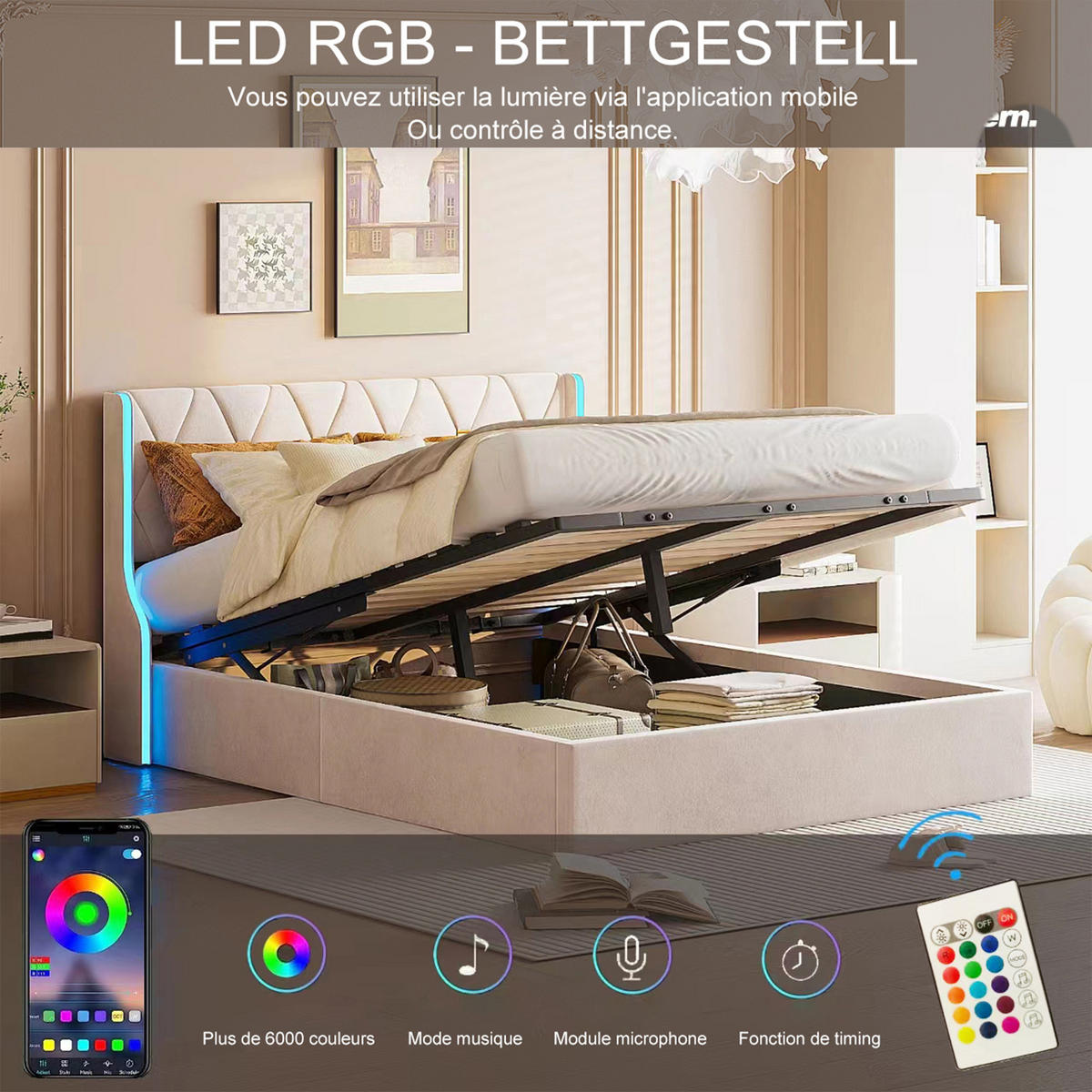 POLSTERBETT 140x200 cm mit LED, Doppelbett 140x200 cm mit Bettkasten, Lattenrost, Bett 140x200, Beige samt - Beige, Holzwerkstoff/Textil (140/200cm) - GENKI LIVING
