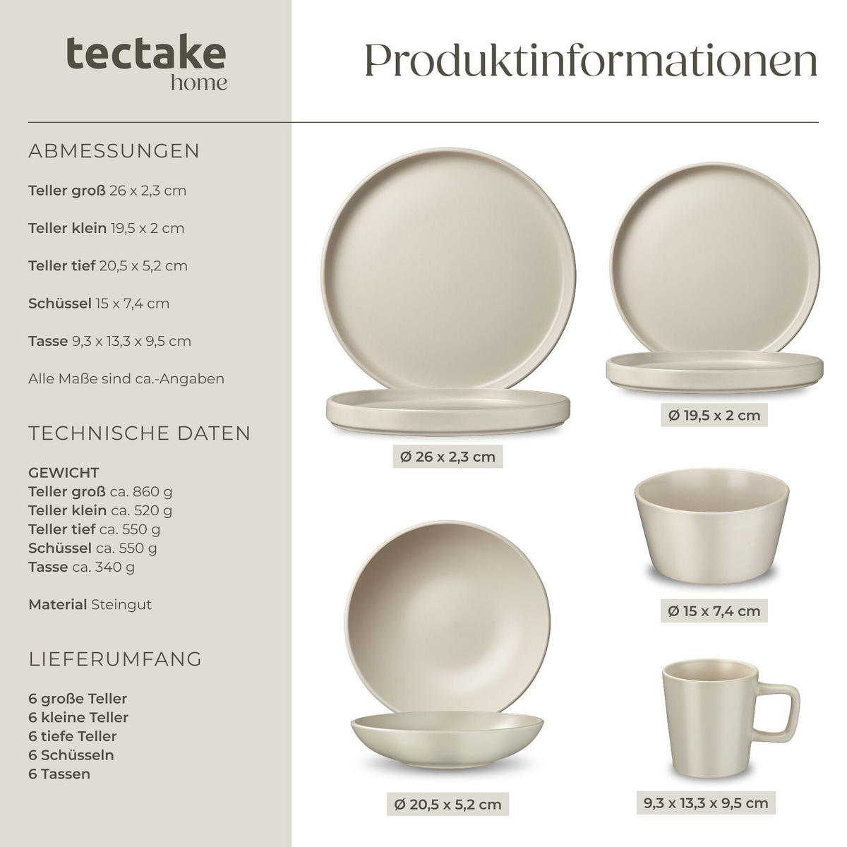 KOMBISERVICE Una, ineinander stapelbar, taupe - Taupe, Keramik (26/2.3/26cm) - tectake