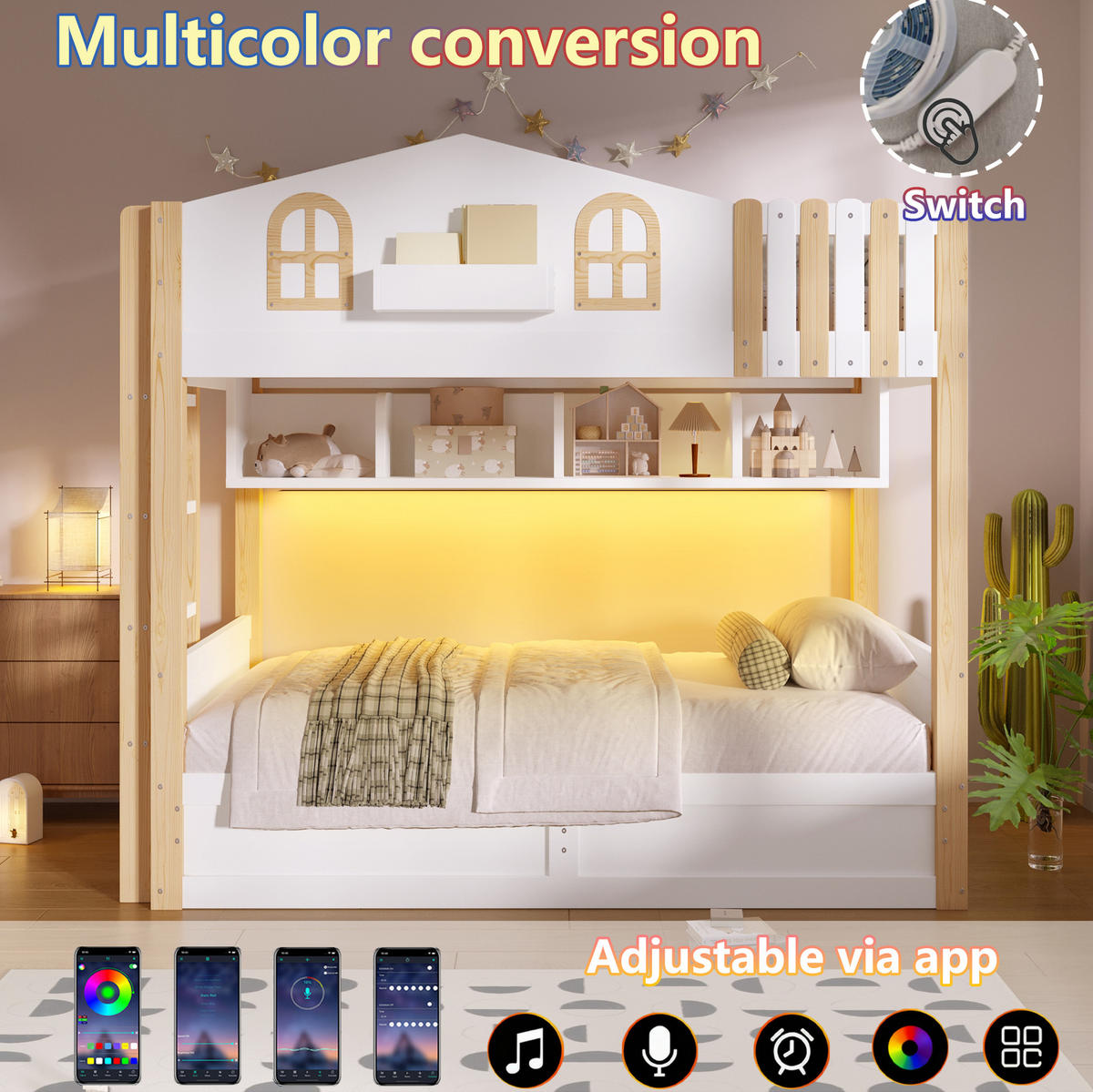 ETAGENBETT 90/200 cm aus Kiefer und MDF mit LED, Weiß/Natur - Eichefarben, Holzwerkstoff (90/200cm) - OKMYHOME