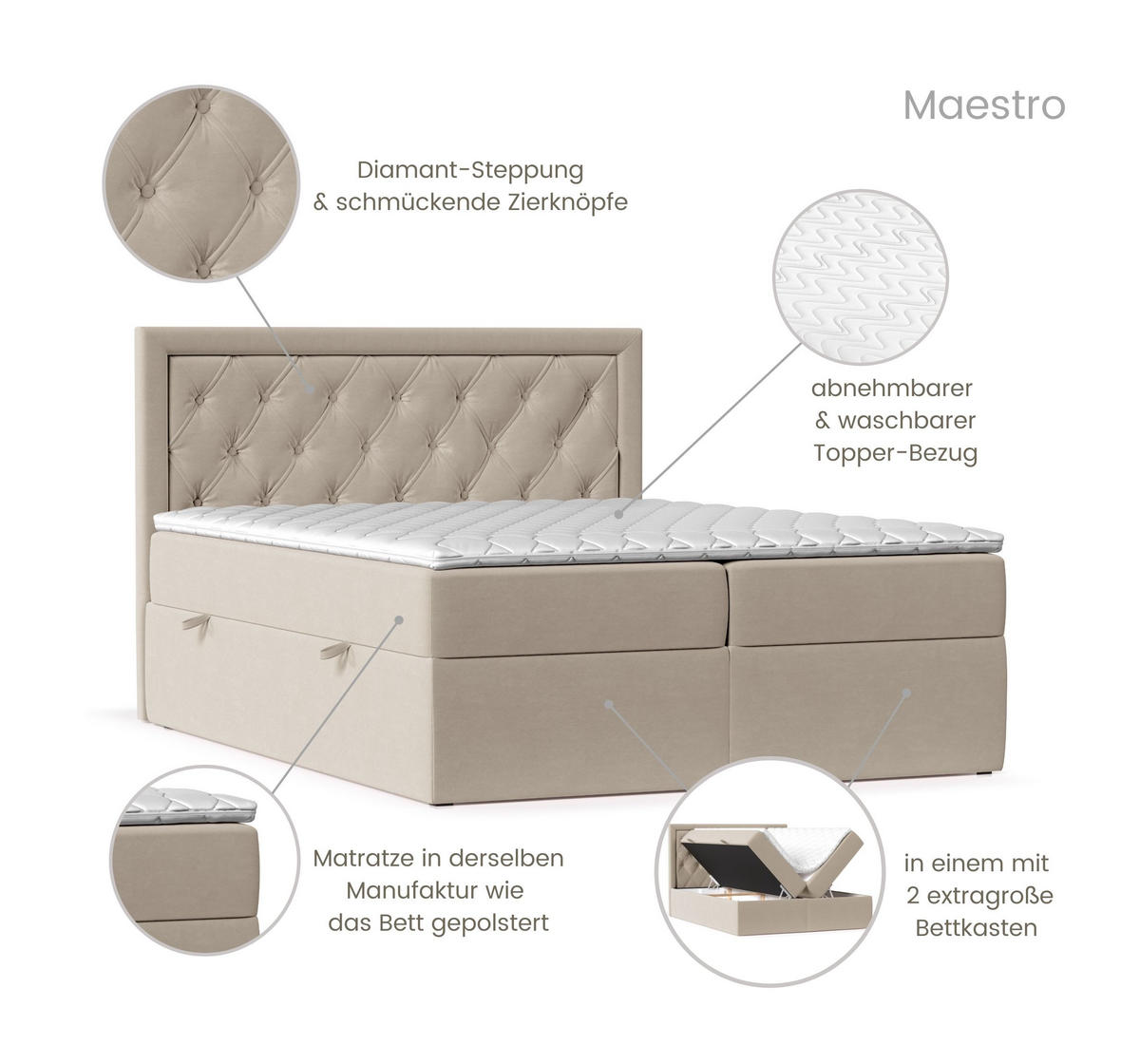 BOXBETT Maestro Hellbraun 180/200 cm mit Bonellmatratze und Topper - Hellbraun/Schwarz, Holz/Holzwerkstoff (180/200cm) - Maison de Reve