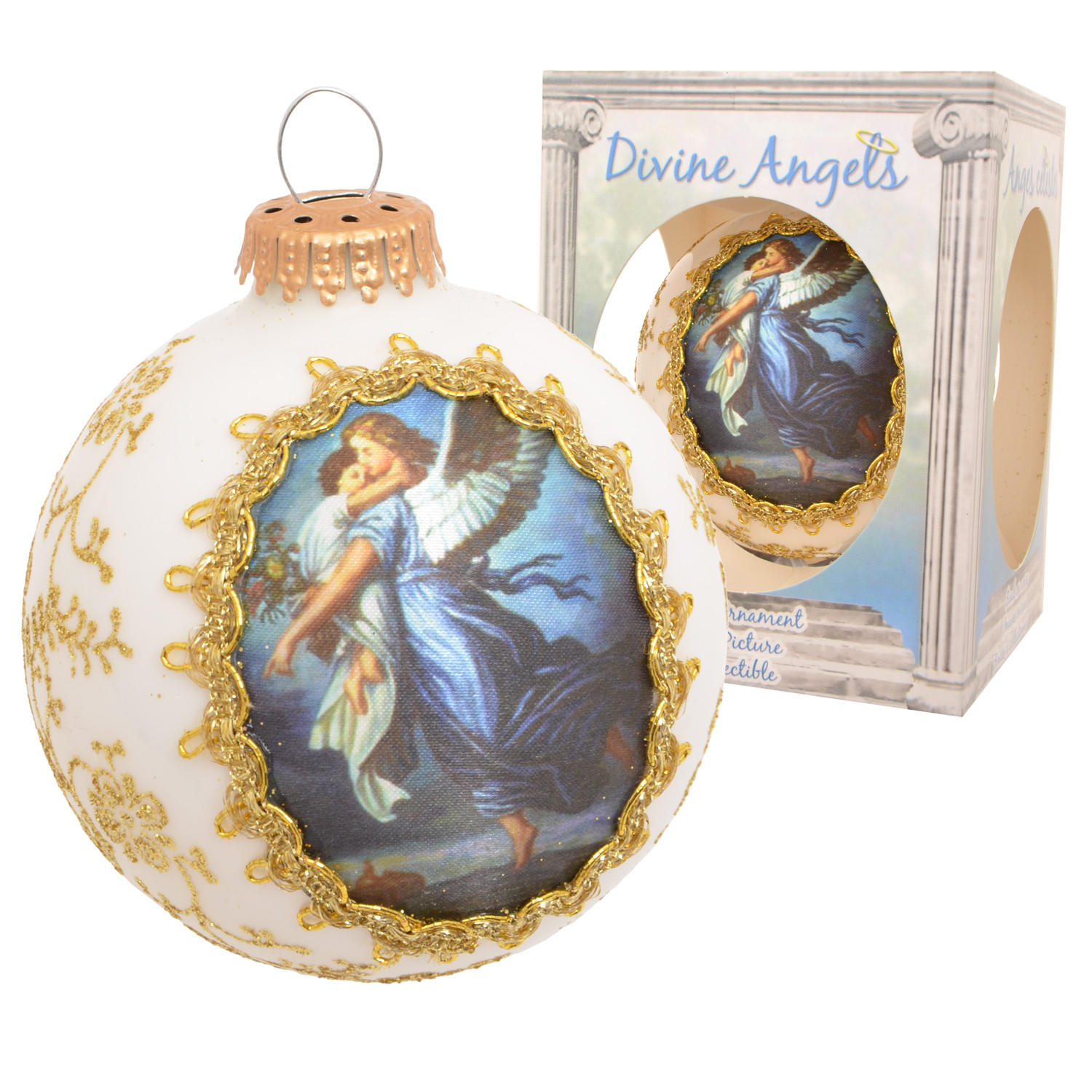 CHRISTBAUMKUGEL Seidenbild Engel mit Kind Weiß 8cm (Glas / 1 Stk.) - Weiß, Glas (8/8/8cm) - Krebs Glas Lauscha