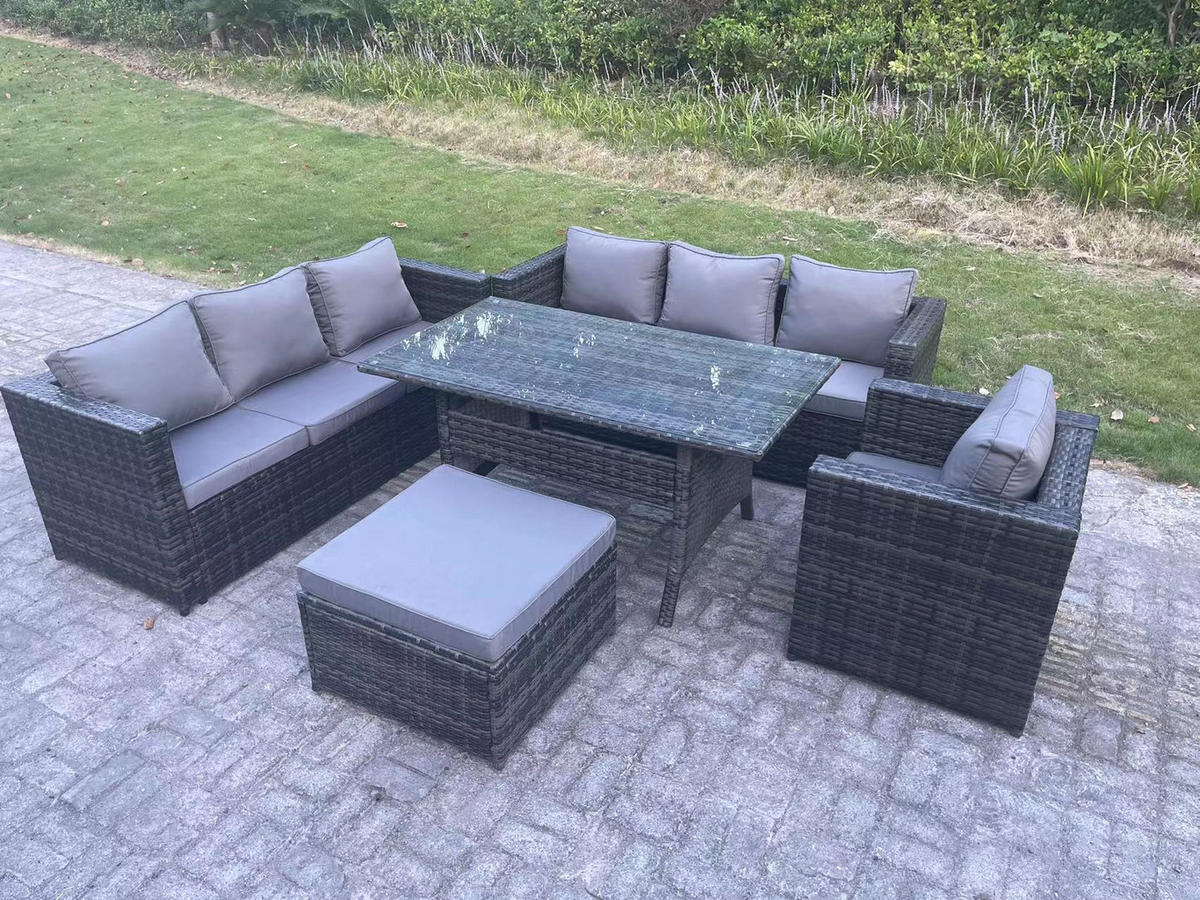LOUNGEGARNITUR mit Hocker Polyrattan Dunkelgrau 8-Sitzer - Dunkelgrau/Grau, Glas/Kunststoff - Fimous