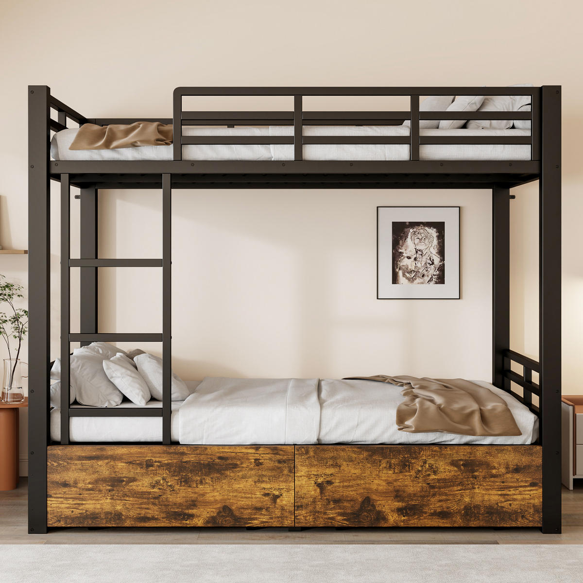 ETAGENBETT 90/200 cm & 90/200 cm in Schwarz Kinderbett mit 2 Schubladen und Leiter Metall-Design - Schwarz, Holzwerkstoff/Metall (90/200cm) - STILVORA