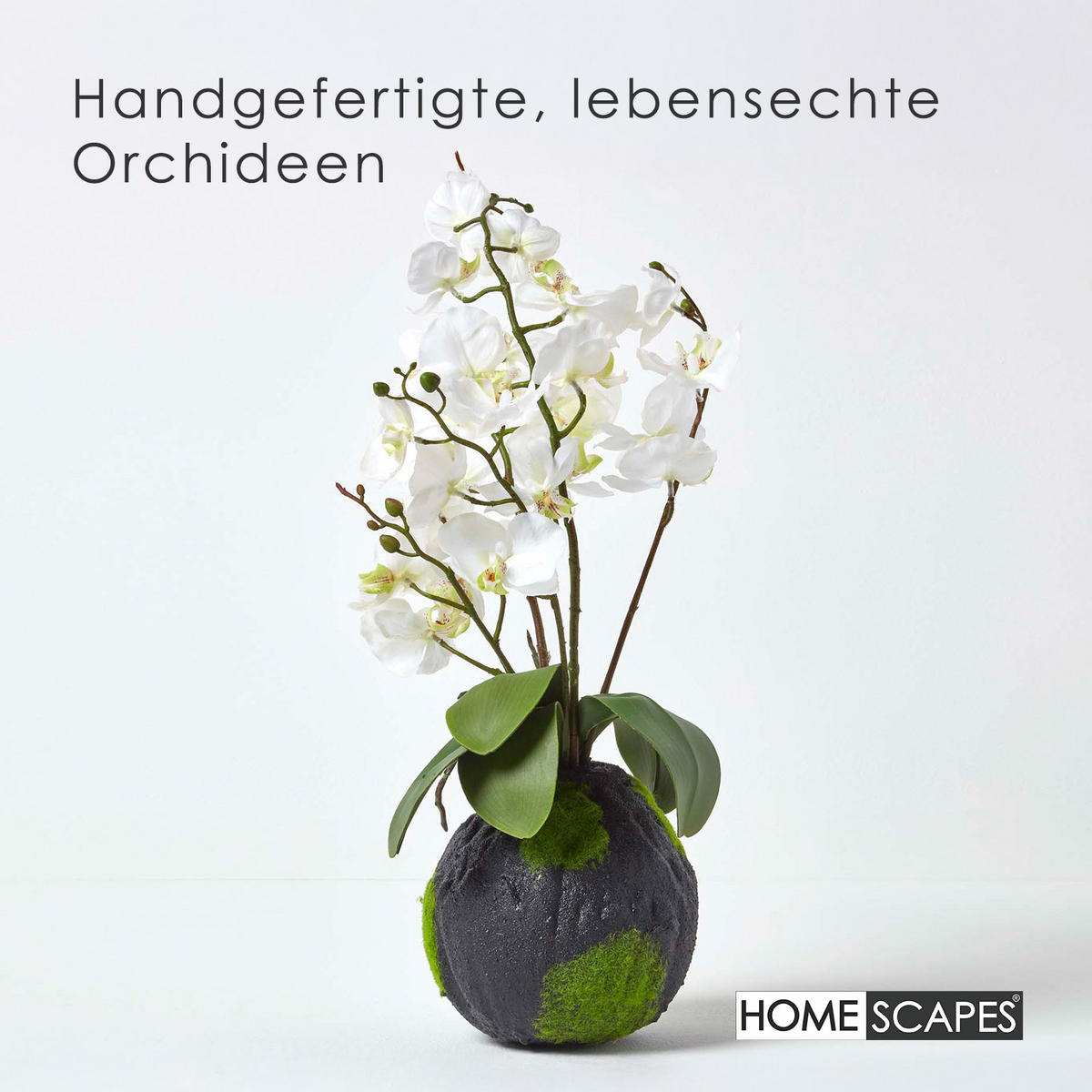 KUNSTBLUME Orchidee weiß mit Moos-Sockel, 60 cm - Weiß, Kunststoff (60cm) - Homescapes