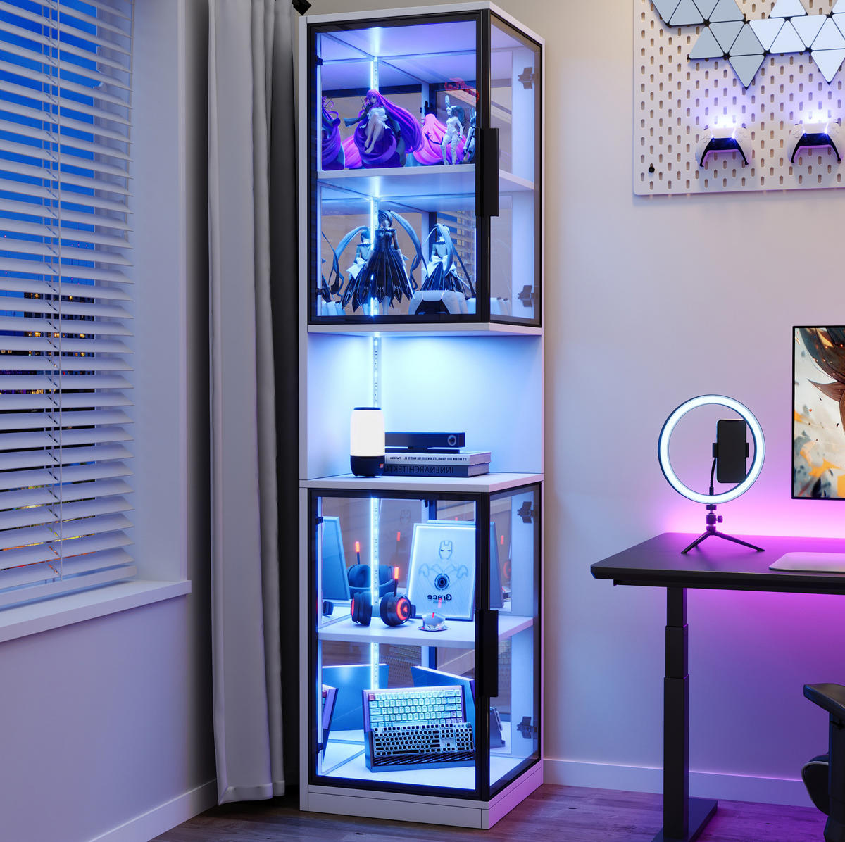 HIGHBOARD 42/44/205 cm in Weiß mit LED-Beleuchtung und Glastüren - Weiß, Holzwerkstoff (42/205/44cm) - Flora Grace