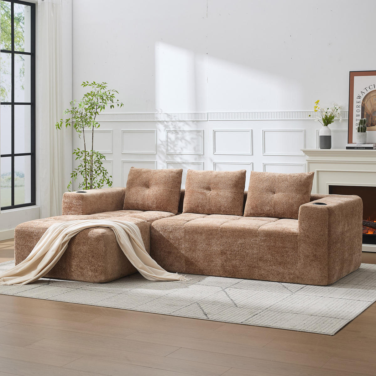 ECKSOFA 5-Sitzer Polyester Hellbraun mit Becherhaltern - Hellbraun, Textil (258/163cm) - WISHDOR