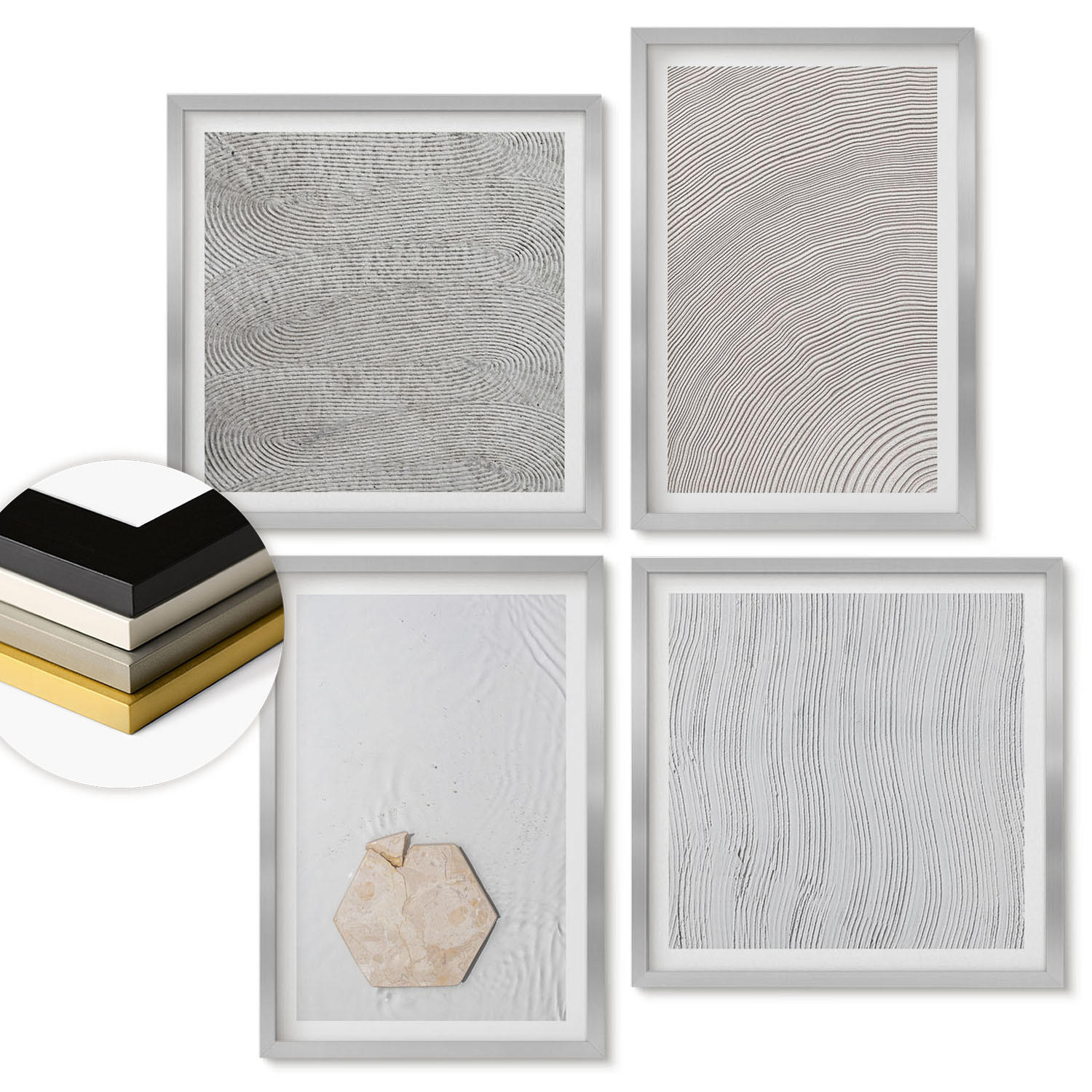 WANDBILDER 4er Set - 50x50 cm & 40x60 cm Silberner Rahmen - Leichte Boho-Sandtexturen - Silberfarben, Kunststoff (50/50cm) - ArtPrintCave