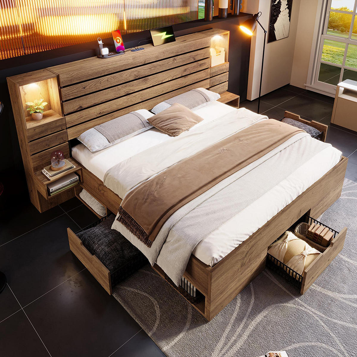 DOPPELBETT 160x200 cm mit LED-Downlights und USB Type-C in Eichenoptik, Mit Matratze - Eichefarben/Schwarz, Holz (200/160cm) - KOMHTOM