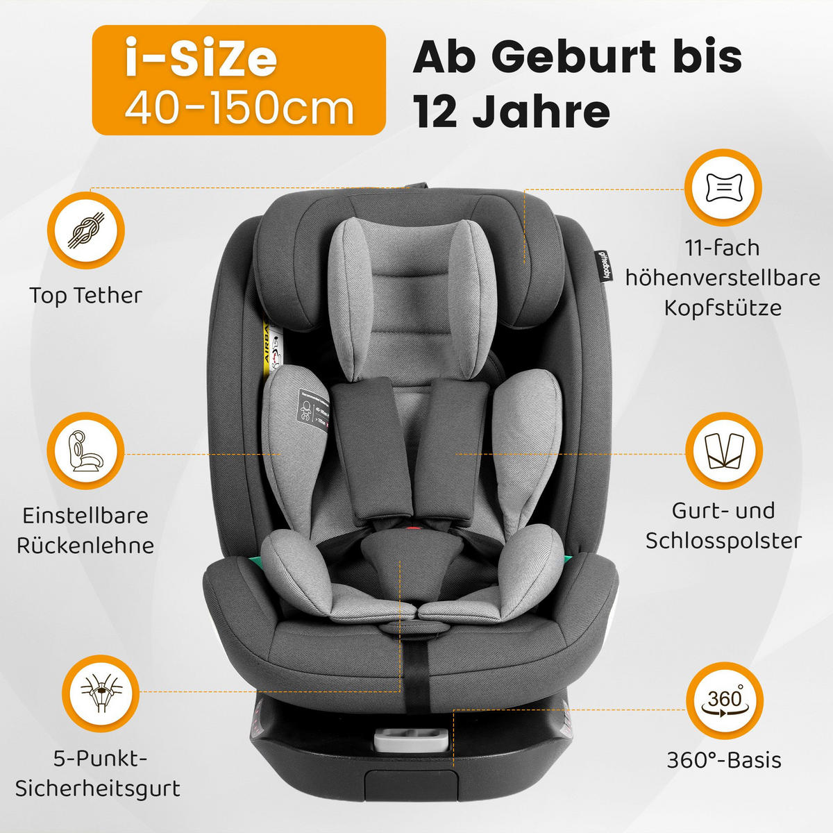 AUTOKINDERSITZ 360° Drehbarer i-Size Kindersitz mit ISOFIX, 40-150 cm - Grau, Textil (46/80/57cm) - BEXEVUE