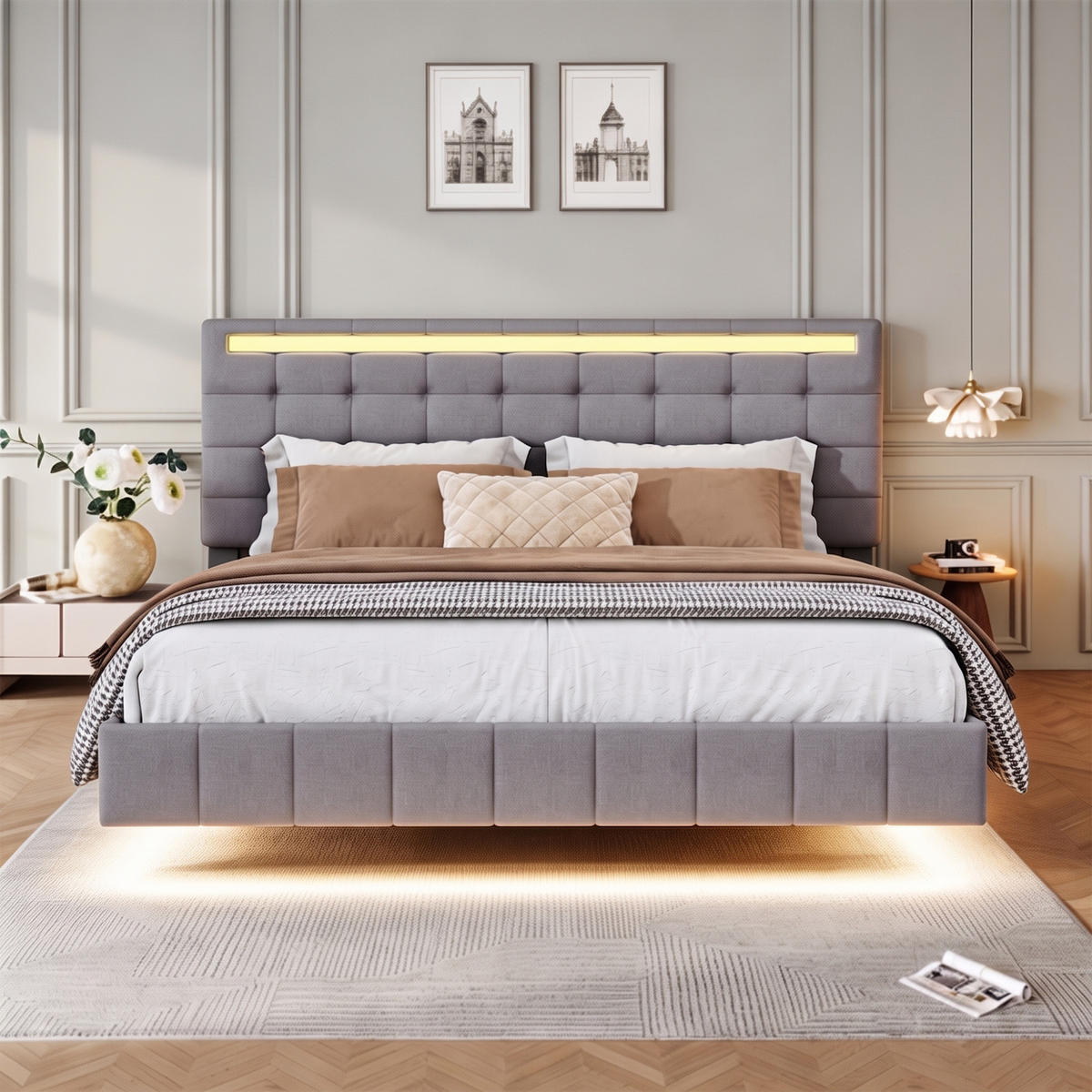 BETT 140x200 cm mit LED und USB, Doppelbett 140x200 cm mit Lattenrost, schwebendes Design, Leinenbezug Grau - Grau, Holz/Textil (140/200cm) - GENKI LIVING