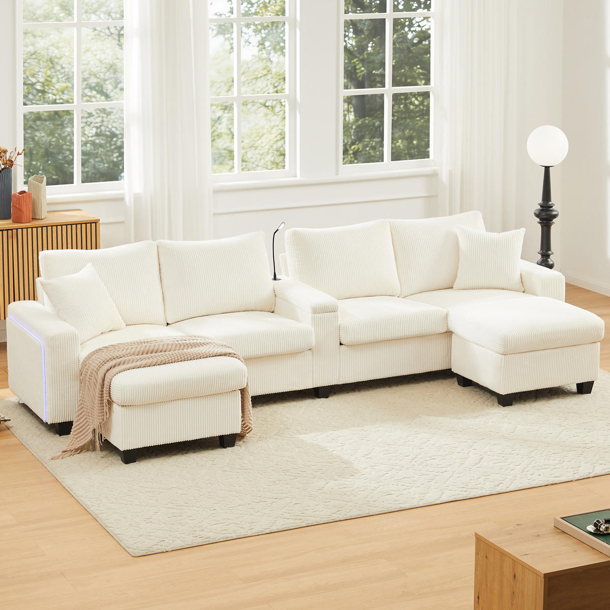 WOHNLANDSCHAFT DE-33399 U-Form mit LED und 2 Hockern Beige - Beige, Metall (334/81/128.5cm) - ComfortXL
