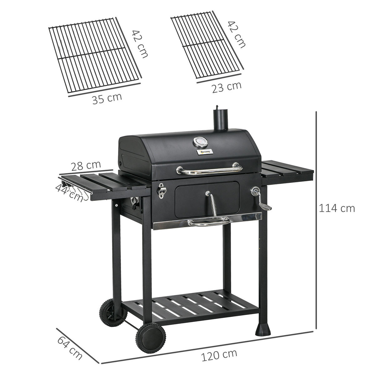 KOHLEGRILL DE-10166 mit Smoker und Thermometer Schwarz - Schwarz, Metall (64/114/120cm) - ComfortXL