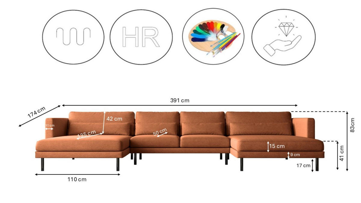 ECKSOFA DANI In U-Form Stilvolles Stoff Verita Kupfer - Kupferfarben, Holz/Textil (174/391cm) - Kaiser Möbel