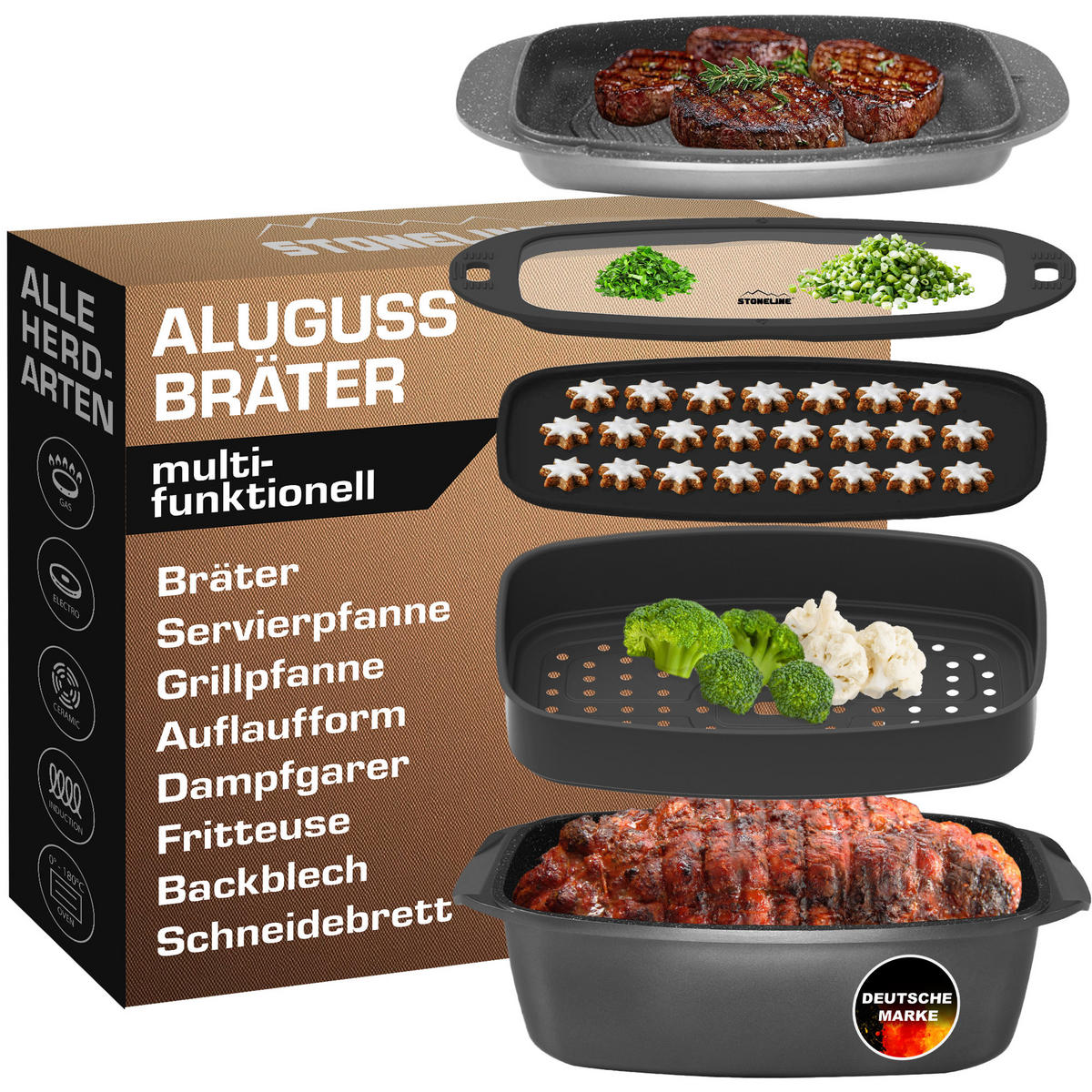 MULTIFUNKTIONALES BRÄTER- UND BACK-SET 5-TEILIG - Grau, Metall (42/39/11cm) - Stoneline