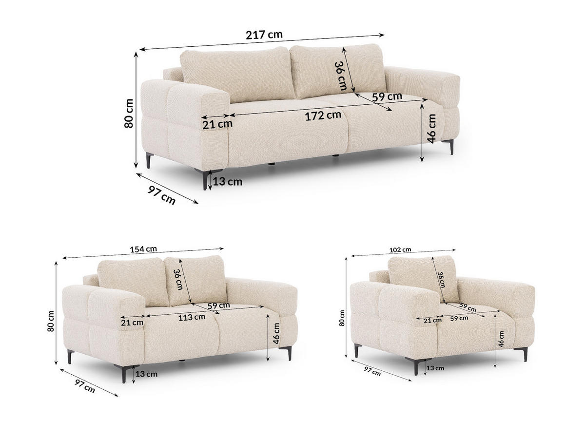 SITZGARNITUR 3+2+1 Cardea in Bubble-Optik aus weichem Hellbeige Strukturstoff mit hohem Sitzkomfort - Beige/Schwarz, Holz/Textil (217/80/97cm) - S-Style Möbel