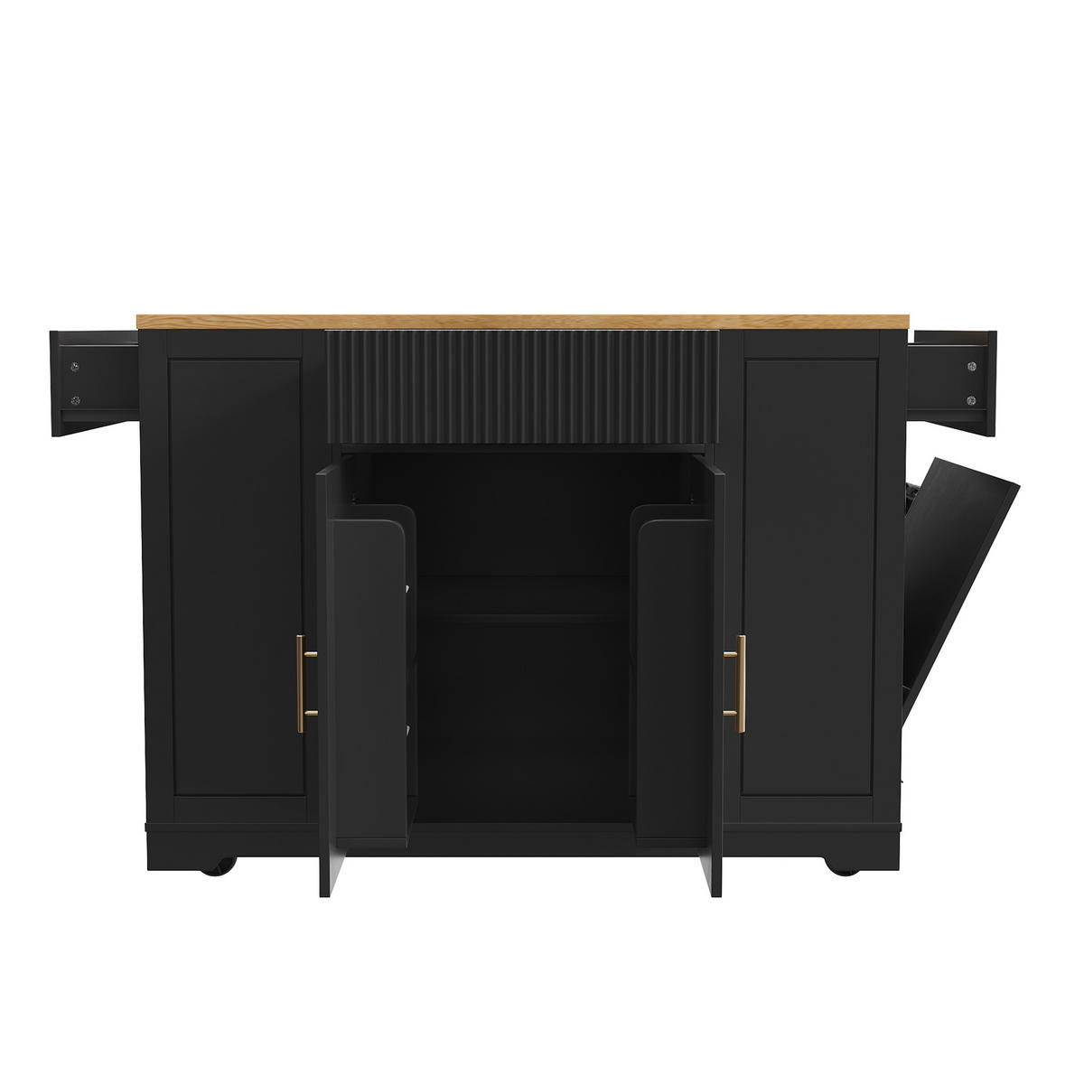 KÜCHENINSEL aus MDF und Metall 120x50x92 cm Schwarz mit Rollen, Abfallfach und 3 Schubladen - Schwarz, Holzwerkstoff (120/92/50cm) - Modfu