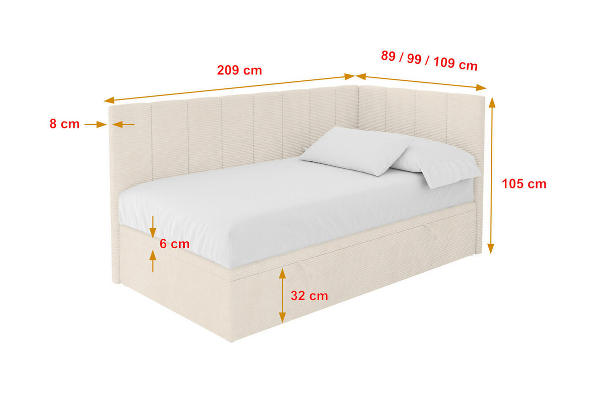 EINZELBETT Jugendbett mit Bettkasten Links, mit Matratze - LOVY 90x200 Beige - Sandfarben, Holzwerkstoff/Textil (90/200cm) - ALTDECOR