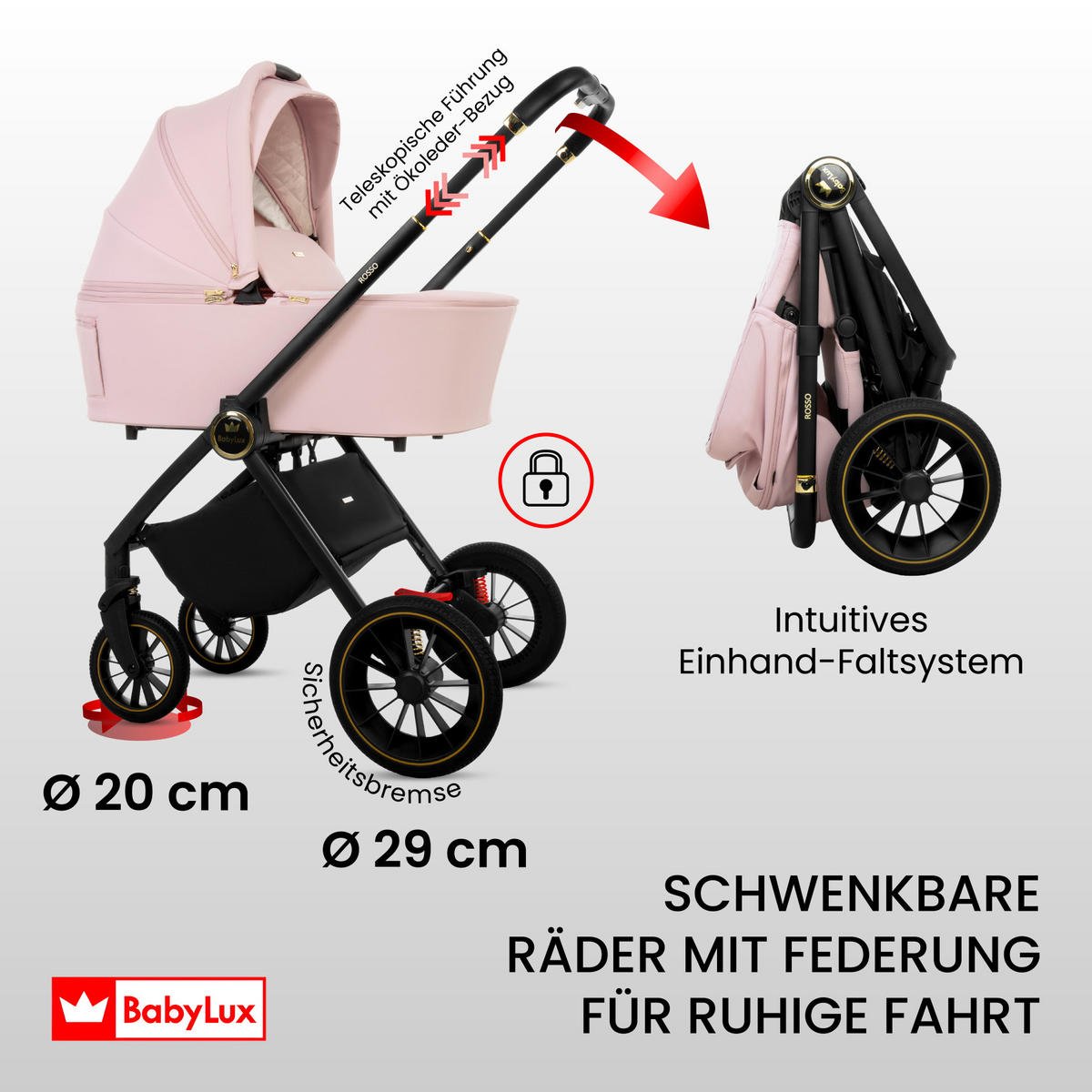 KINDERWAGEN Rosso 4in1 Rosa Babywanne, Reisebuggy, Autositz, Isofix Basis - Schwarz/Rosa, Textil/Metall (58/98cm) - BabyLux