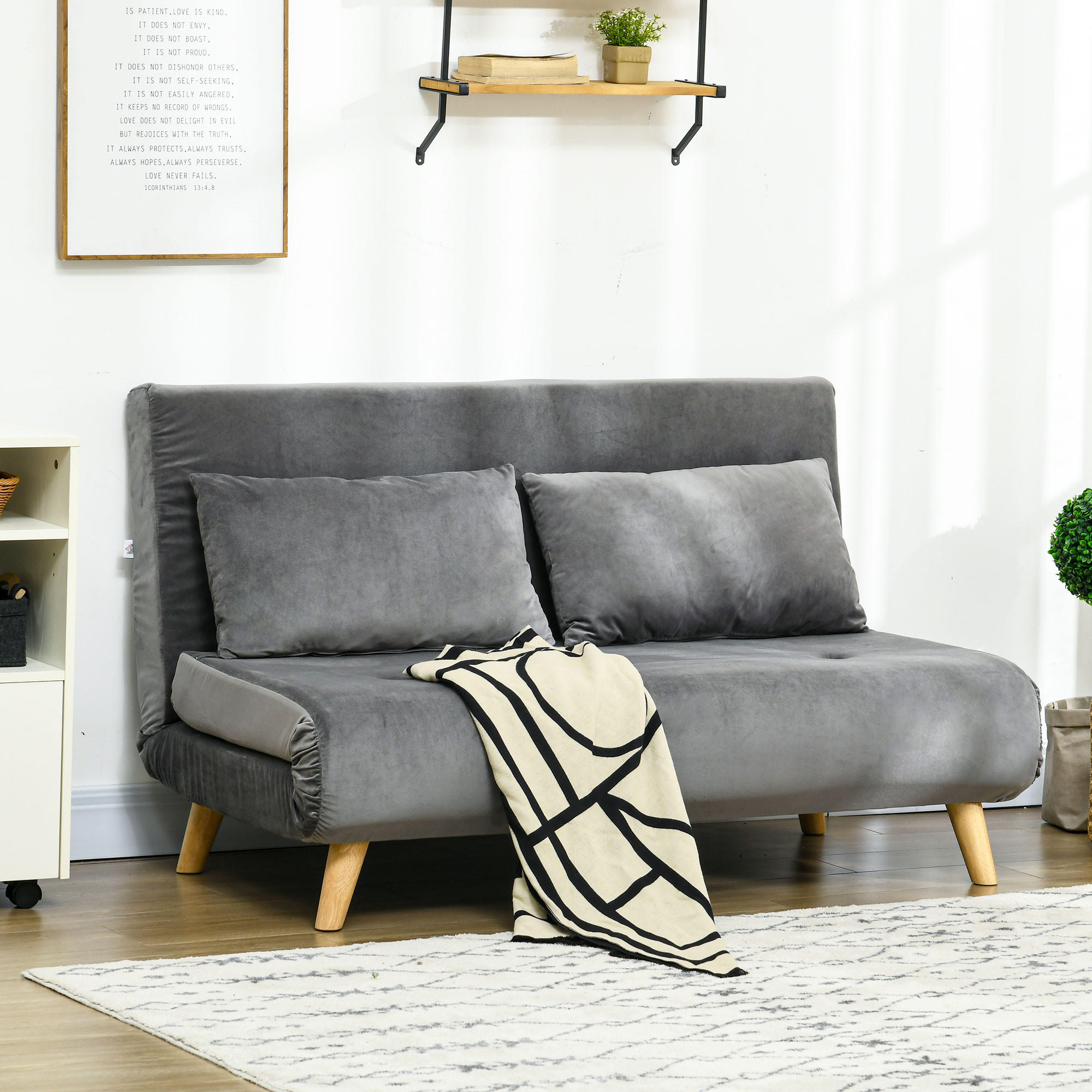 SCHLAFSOFA 2-Sitzer Sofa mit Bettfunktion Klappsofa mit verstellbare Rückenlehne - Naturfarben/Grau, Holz/Textil (78/79/130cm) - HOMCOM
